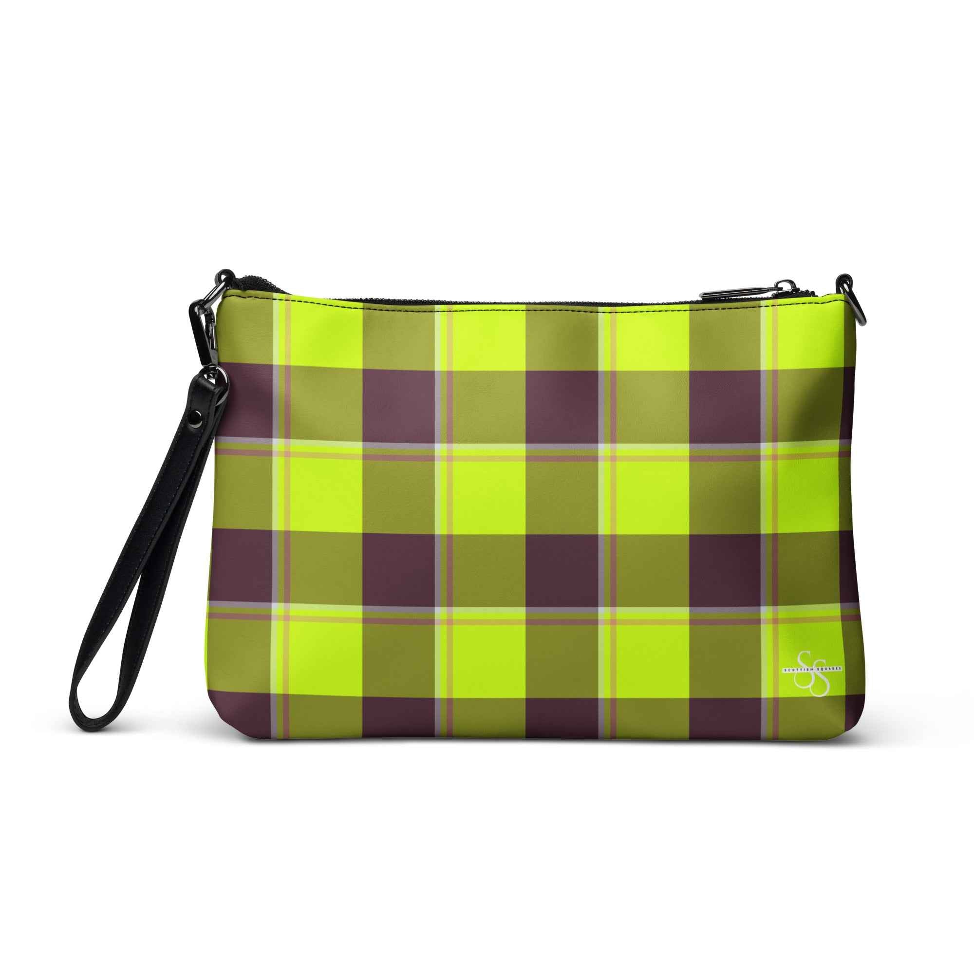 Personalized Crossbody Bag Electric Lime and Livid Brown Plaid - Scottish Squares