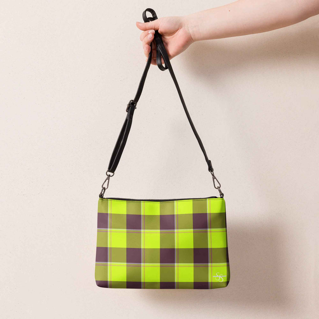 Personalized Crossbody Bag Electric Lime and Livid Brown Plaid - Scottish Squares
