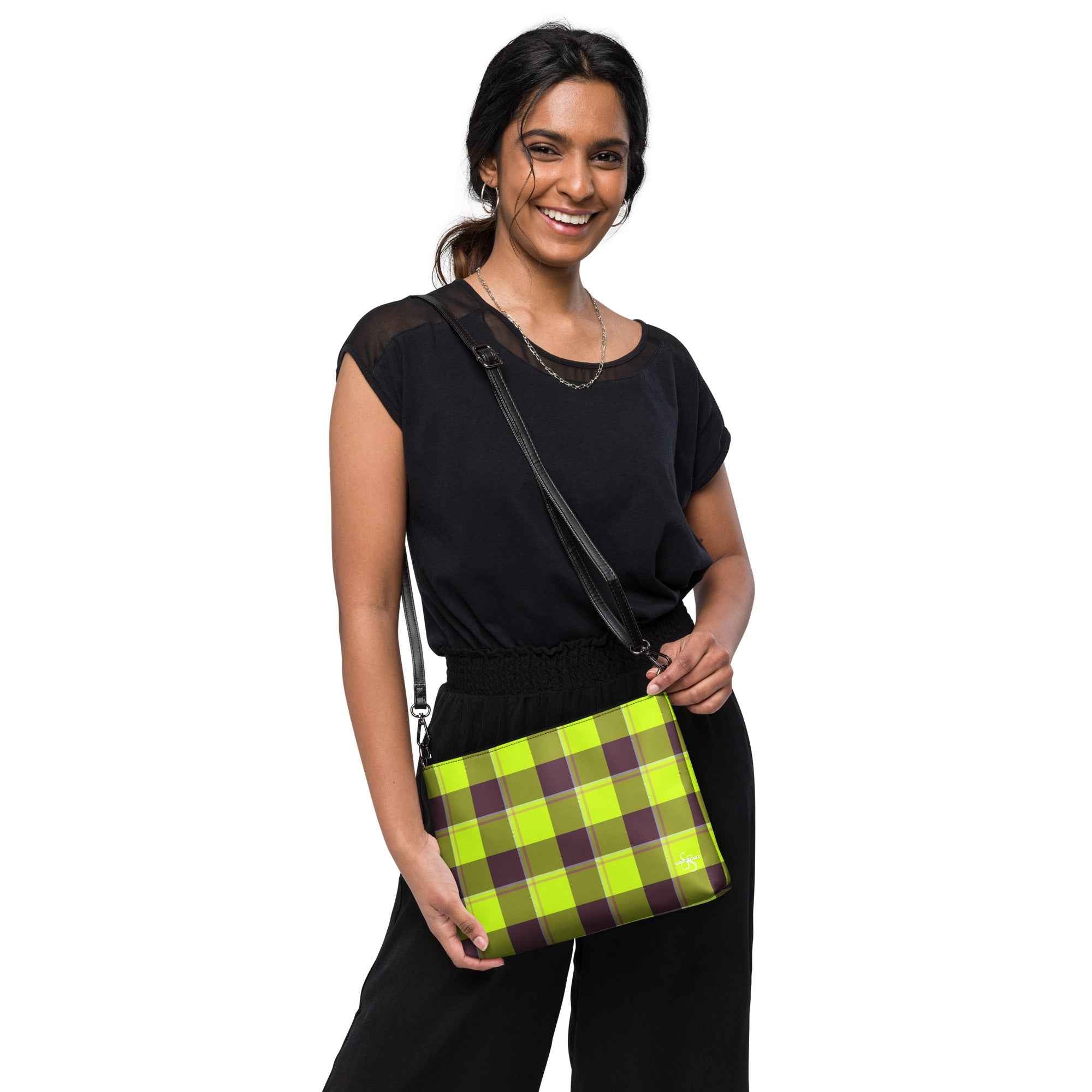 Personalized Crossbody Bag Electric Lime and Livid Brown Plaid - Scottish Squares