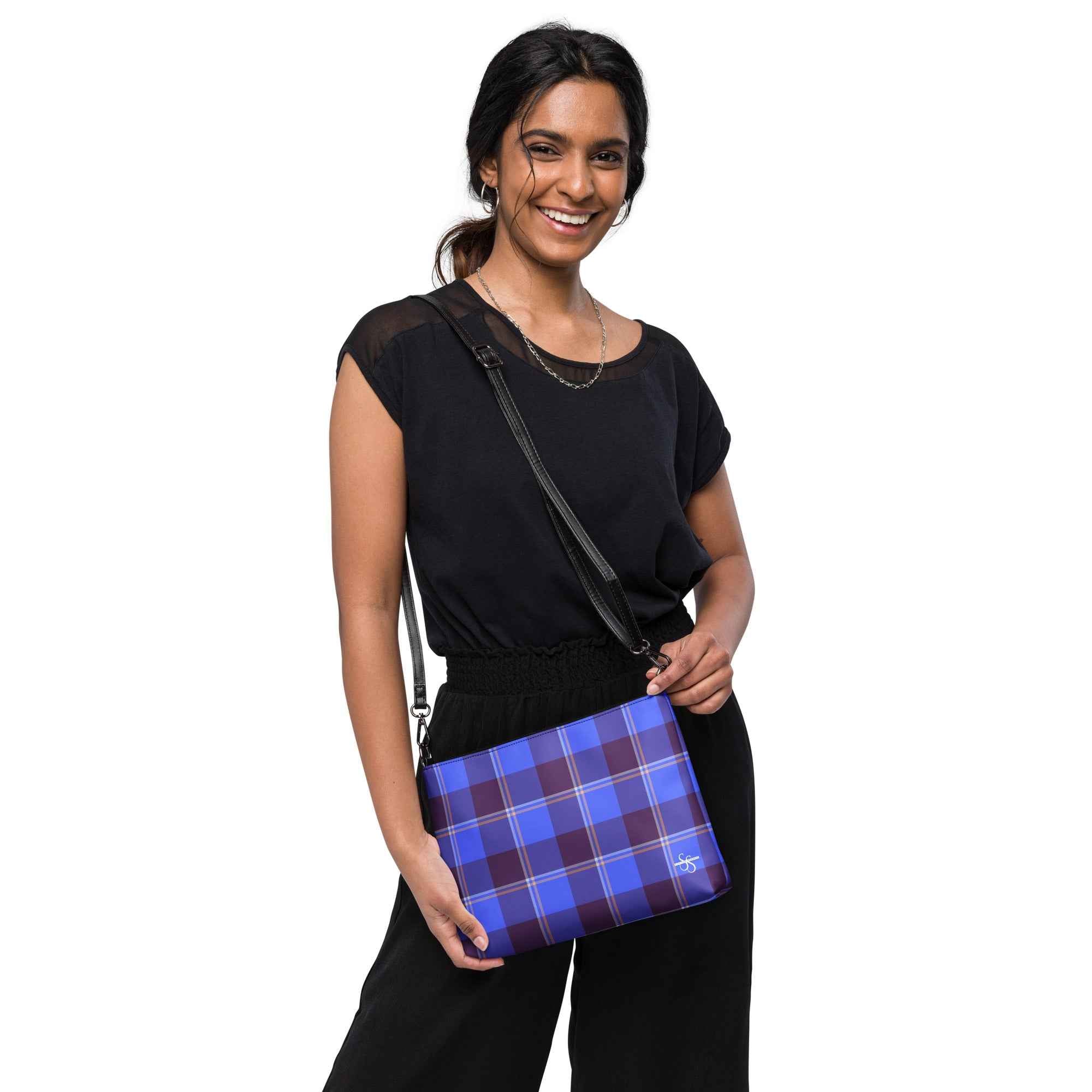 Personalized Crossbody Bag Cornflower Blue and Livid Brown Plaid - Scottish Squares