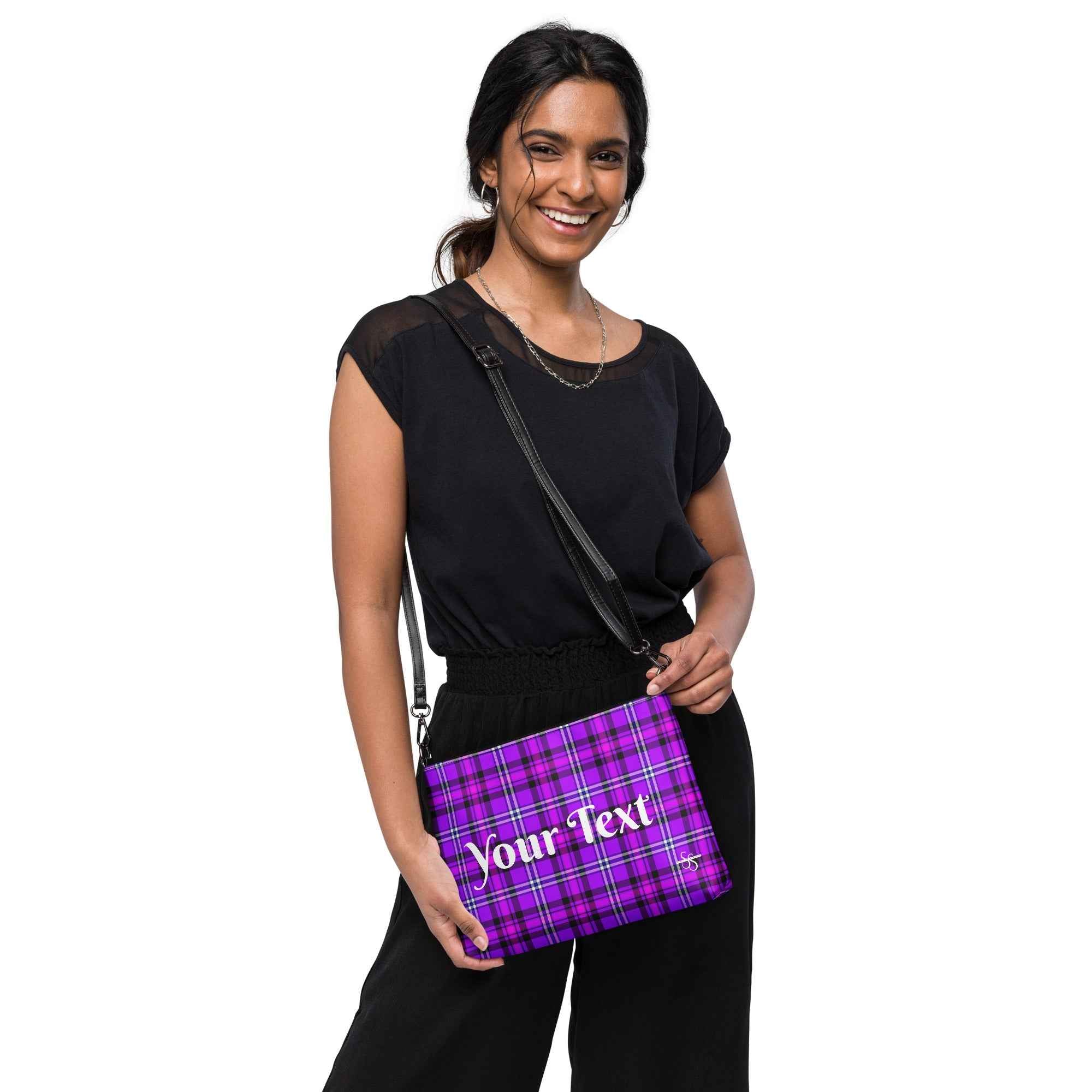 Personalized Crossbody Bag Electric Violet and Fuchsia Plaid - Scottish Squares
