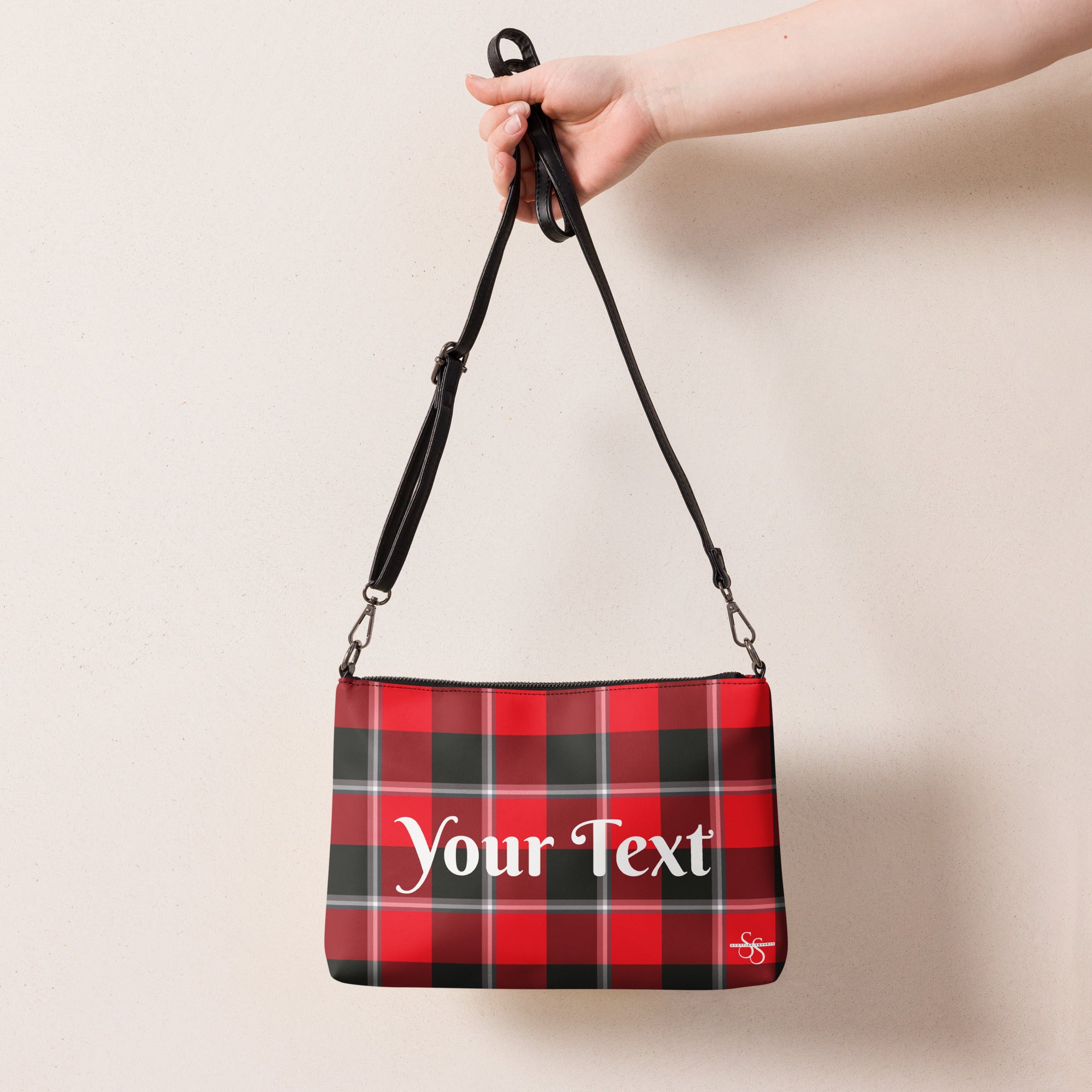 Personalized Crossbody Bag Red Ribbon and Heavy Metal Plaid - Scottish Squares