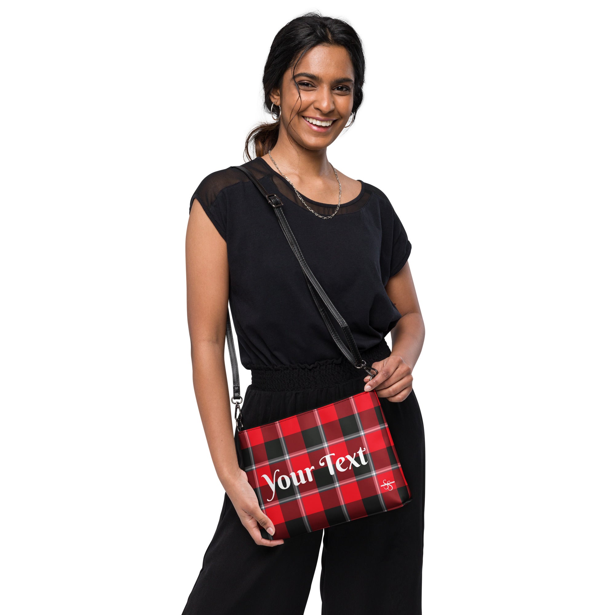 Personalized Crossbody Bag Red Ribbon and Heavy Metal Plaid - Scottish Squares