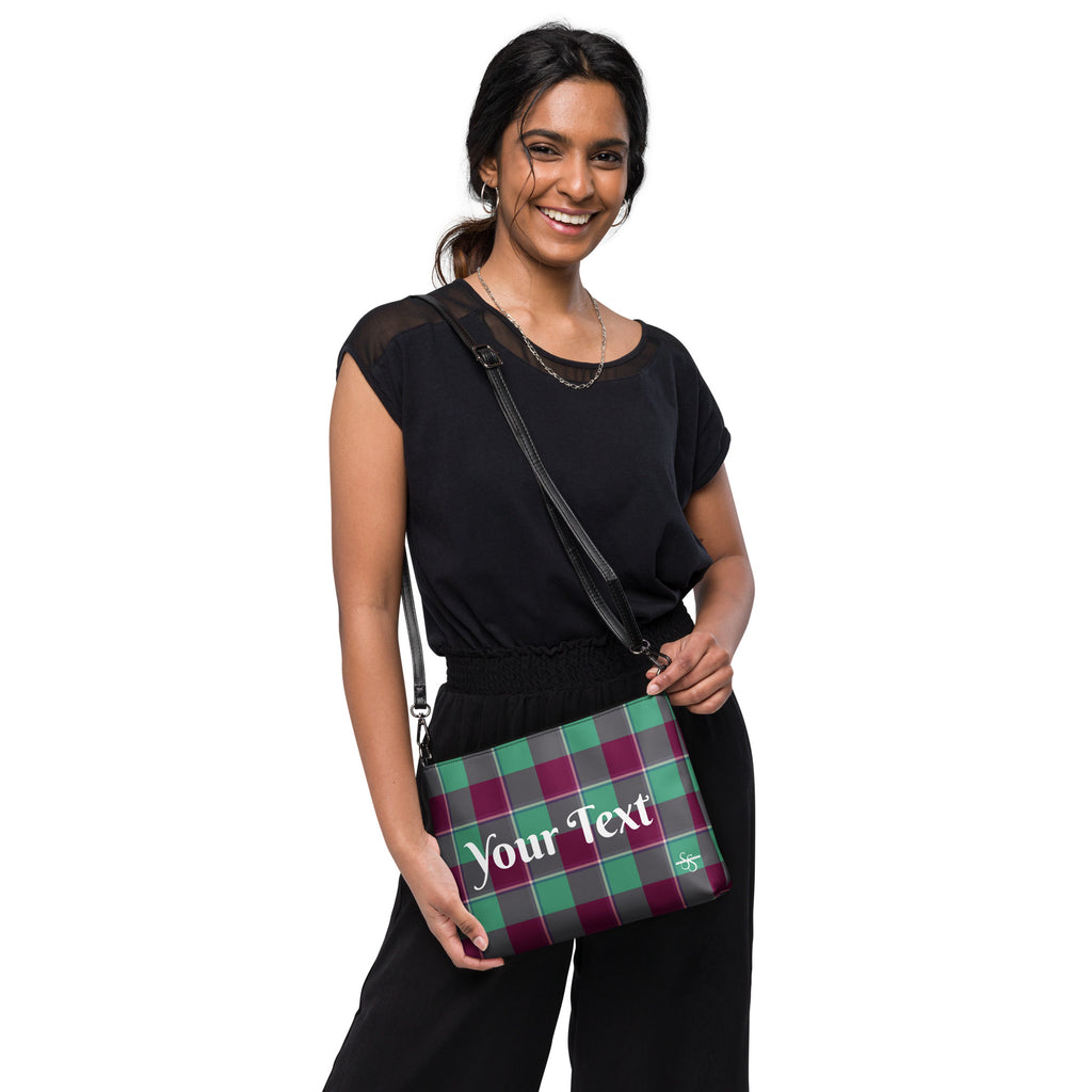 Personalized Crossbody Bag Ocean Green and Mulberry Wood Plaid - Scottish Squares