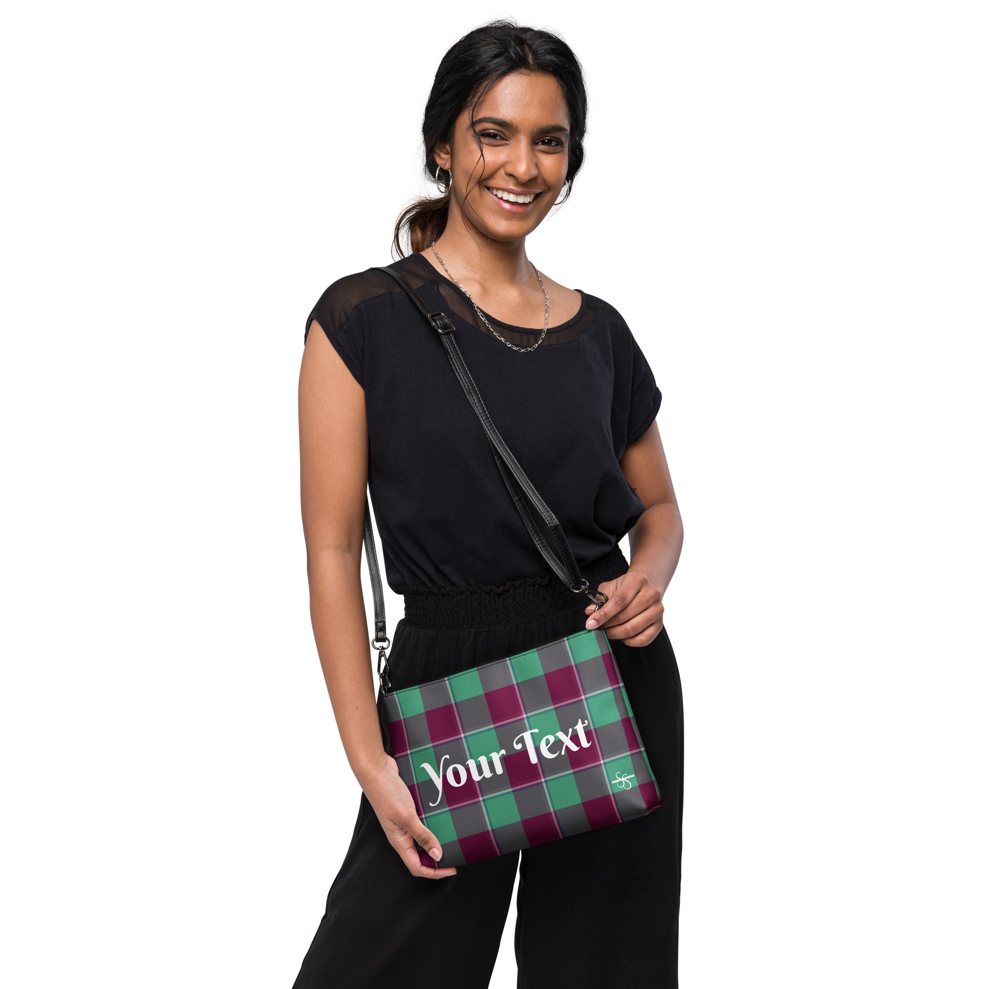 Personalized Crossbody Bag Ocean Green and Mulberry Wood Plaid - Scottish Squares