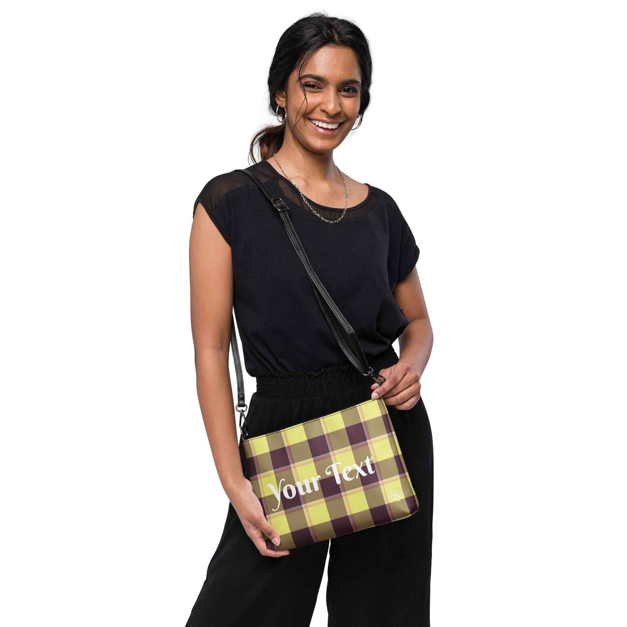 Personalized Crossbody Bag Flax and Livid Brown Plaid - Scottish Squares