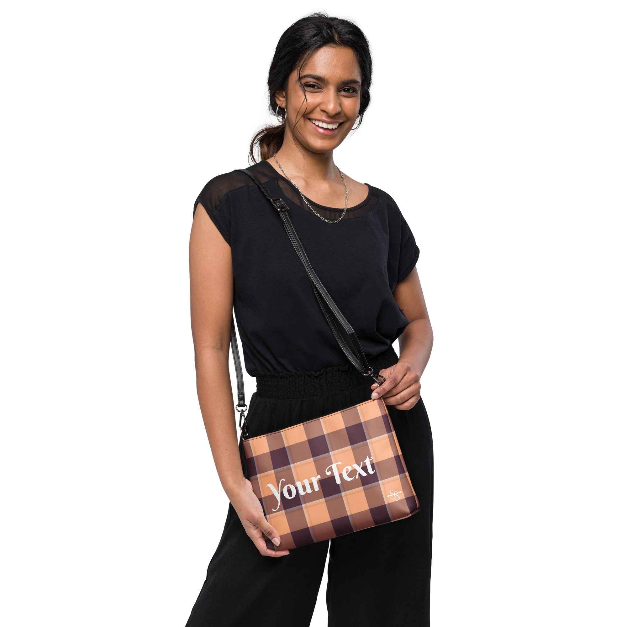 Personalized Crossbody Bag Hit Pink and Livid Brown Plaid - Scottish Squares