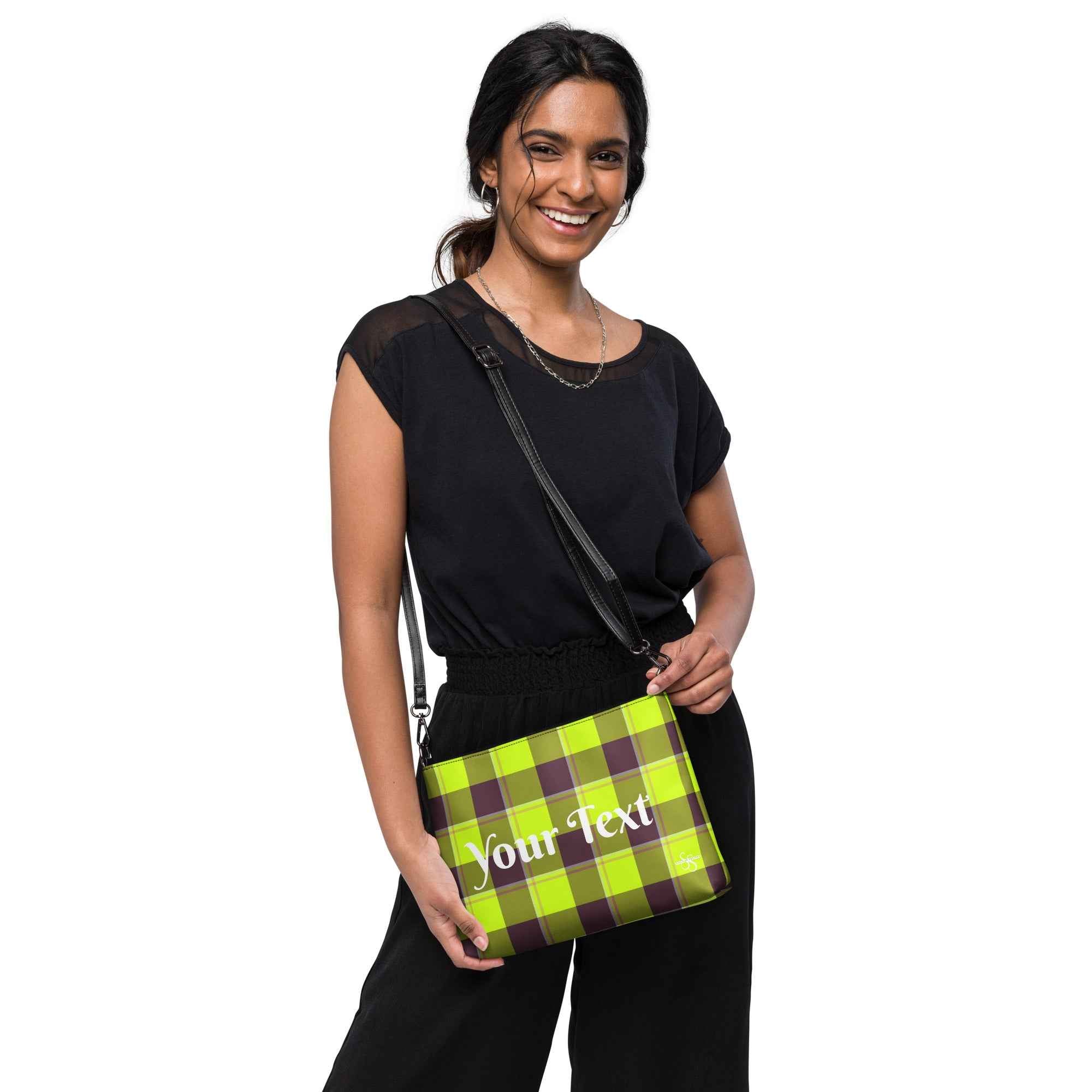 Personalized Crossbody Bag Electric Lime and Livid Brown Plaid - Scottish Squares