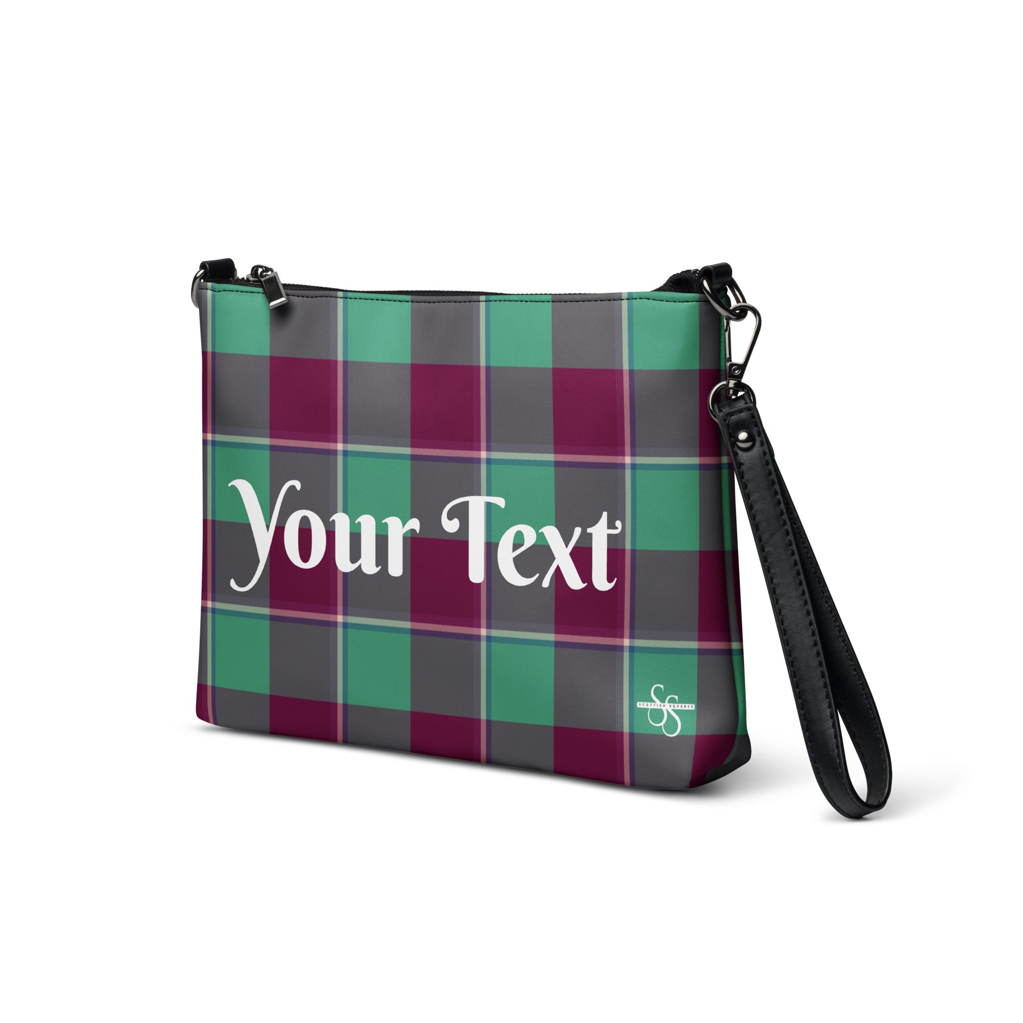 Personalized Crossbody Bag Ocean Green and Mulberry Wood Plaid - Scottish Squares