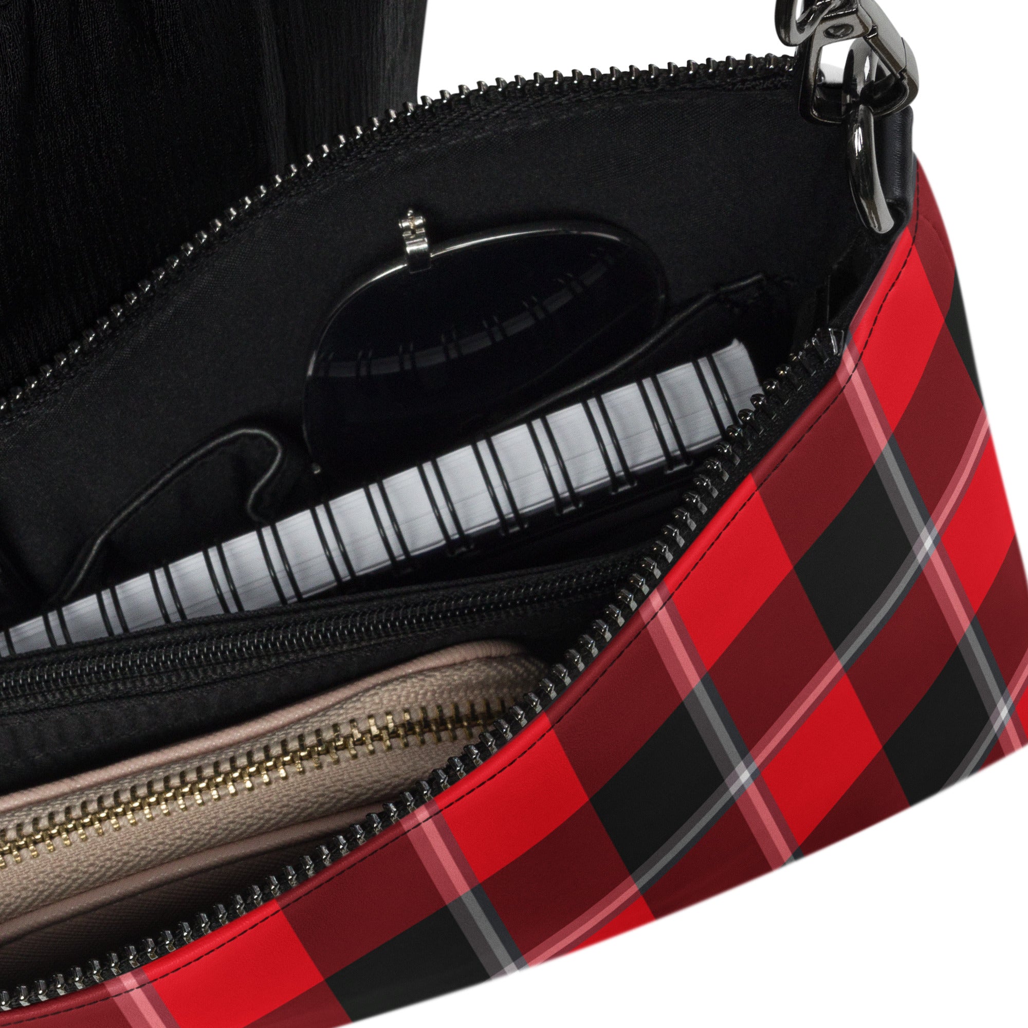Personalized Crossbody Bag Red Ribbon and Heavy Metal Plaid - Scottish Squares