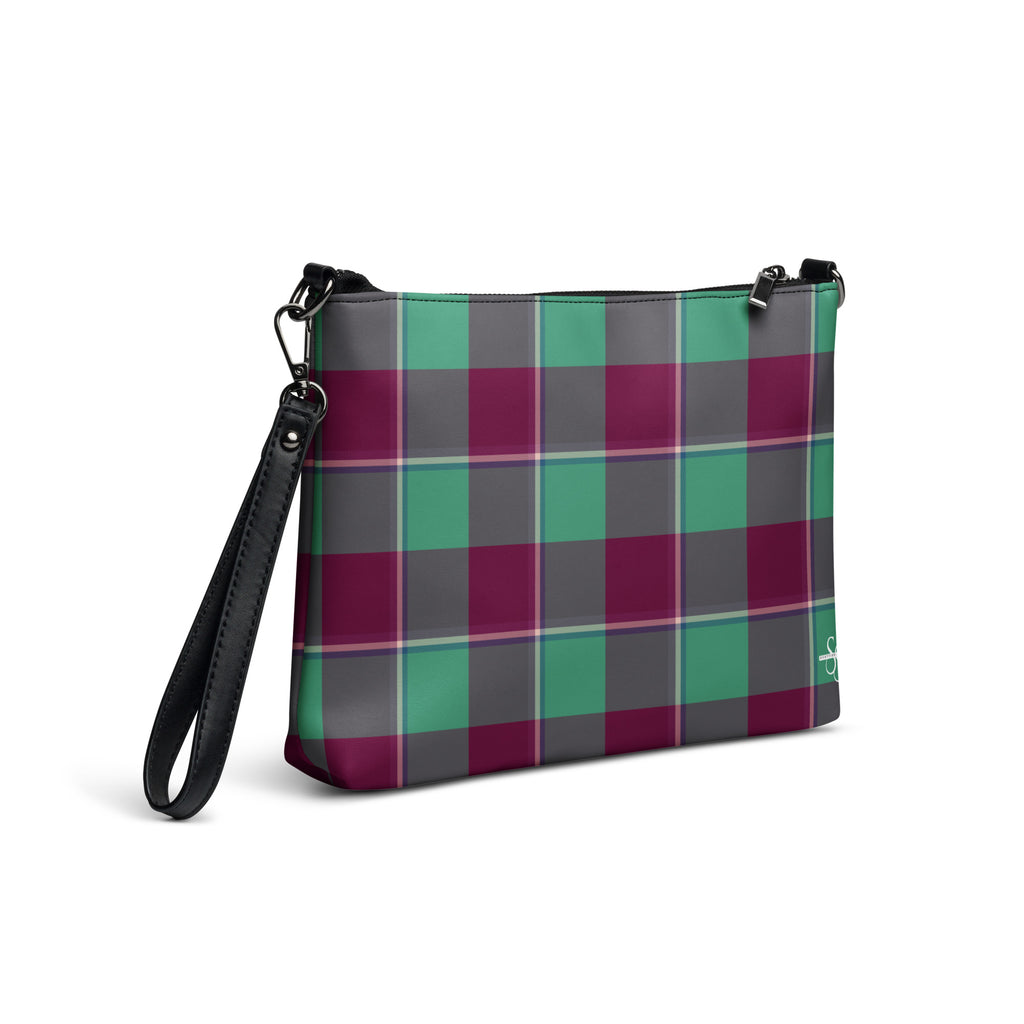 Personalized Crossbody Bag Ocean Green and Mulberry Wood Plaid - Scottish Squares