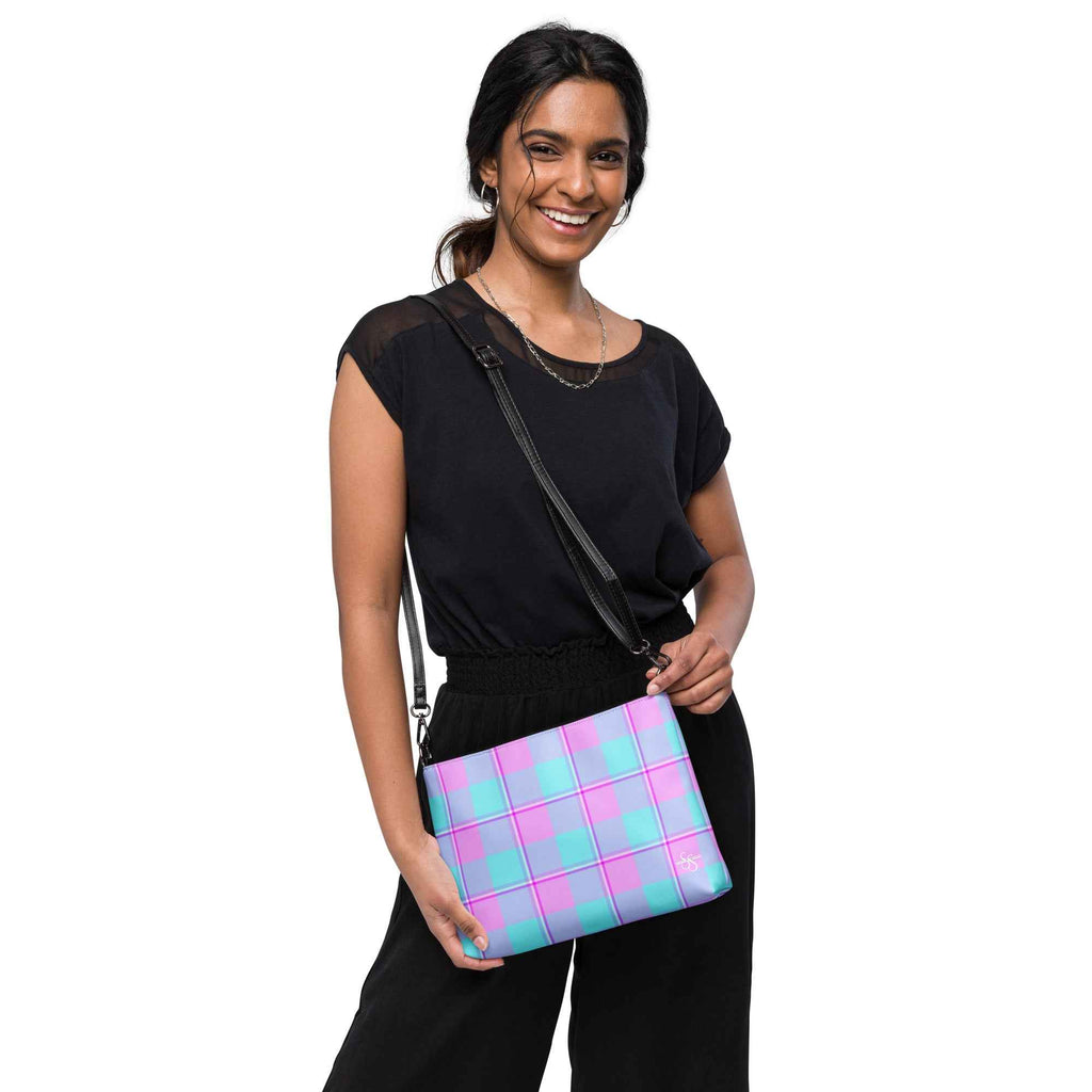 Personalized Crossbody Bag Mauve and Coastal Mist Plaid - Scottish Squares