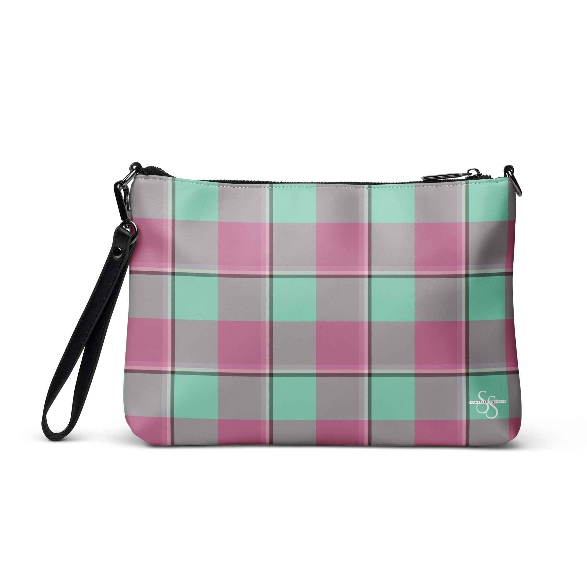Personalized Crossbody Bag Vista Blue and Turkish Rose Plaid - Scottish Squares