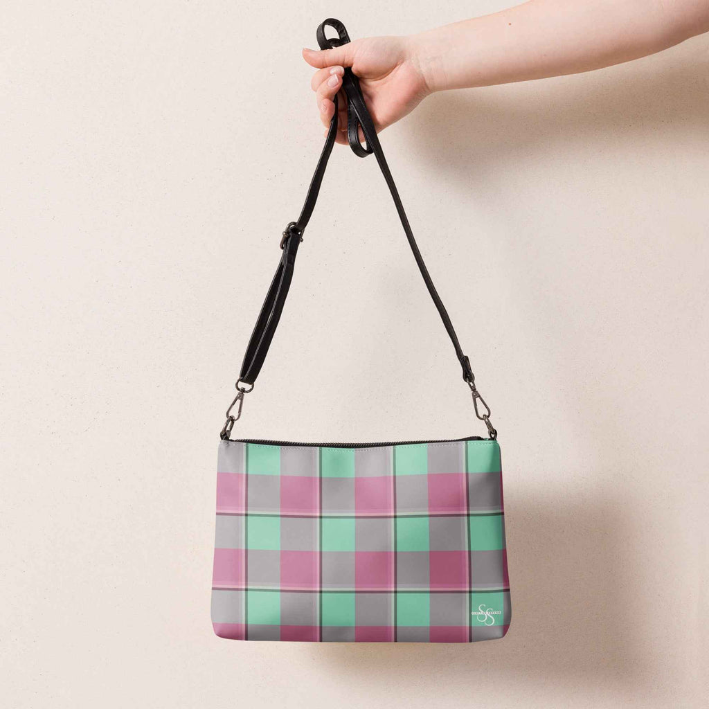 Personalized Crossbody Bag Vista Blue and Turkish Rose Plaid - Scottish Squares