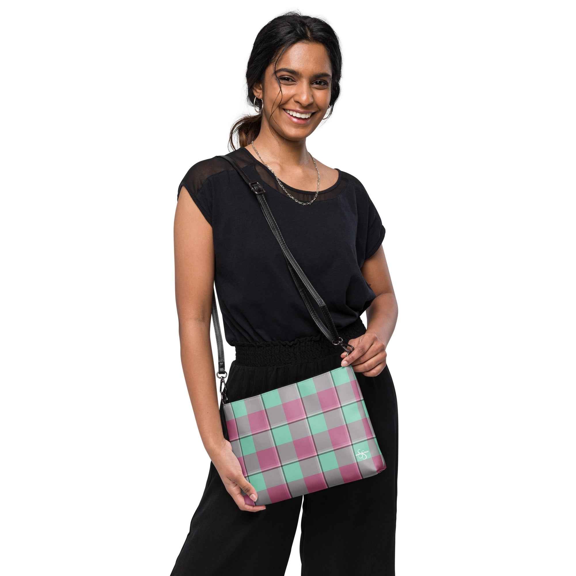 Personalized Crossbody Bag Vista Blue and Turkish Rose Plaid - Scottish Squares
