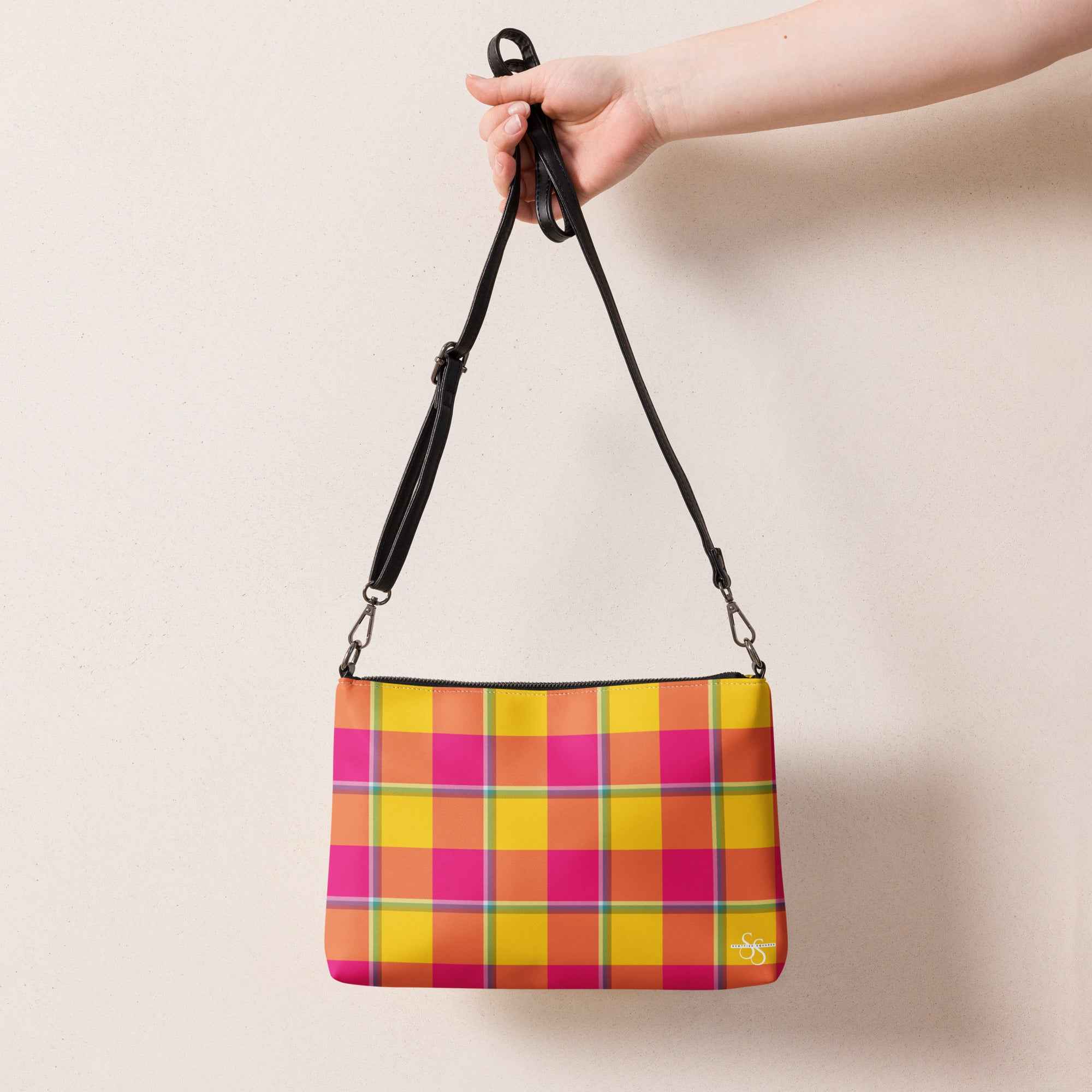 Personalized Crossbody Bag Corn and Razzmatazz Plaid - Scottish Squares