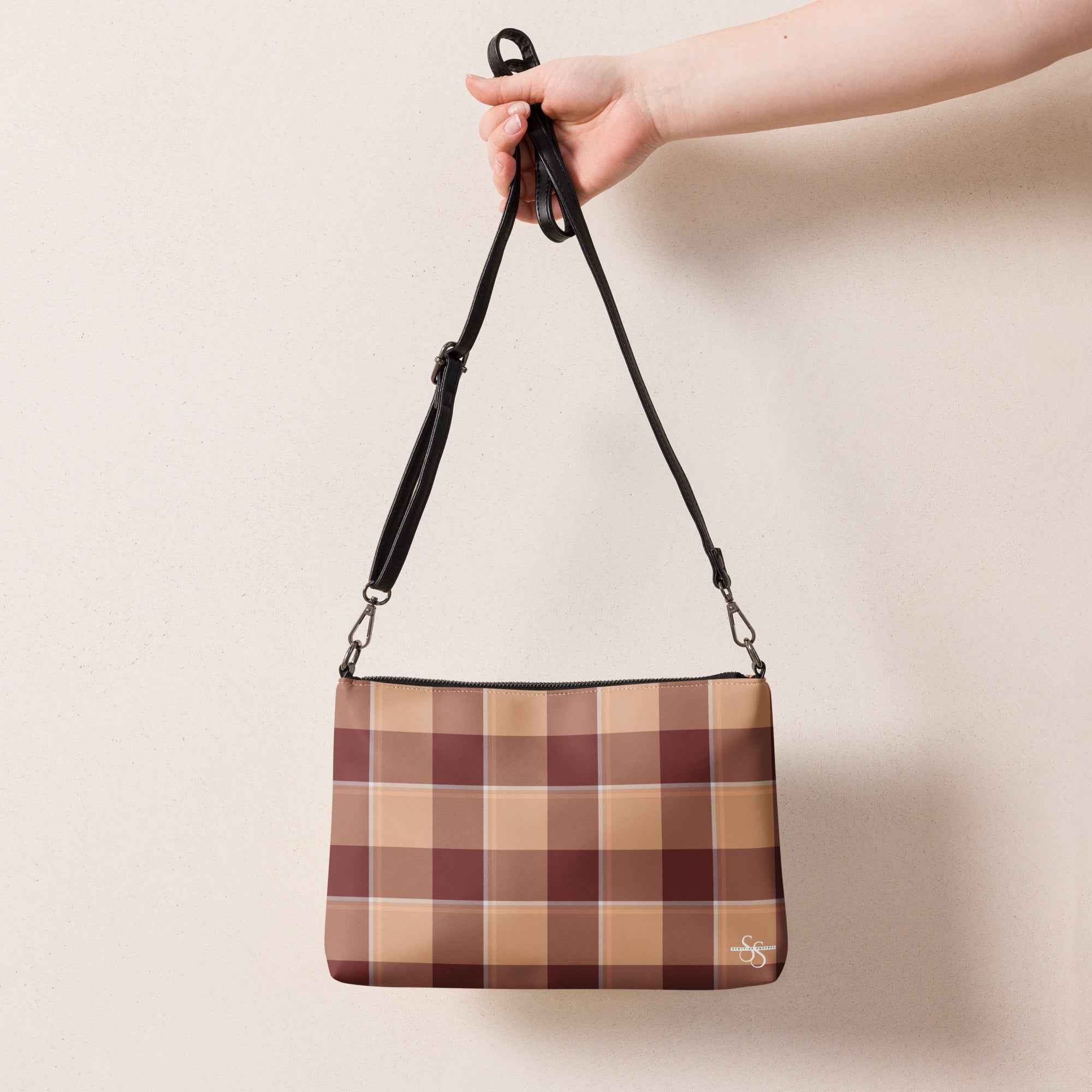 Personalized Crossbody Bag Whiskey and Livid Brown Plaid - Scottish Squares