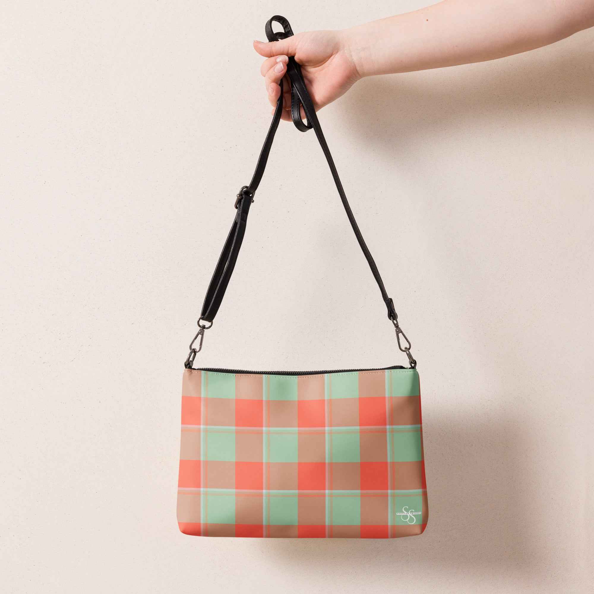 Personalized Crossbody Bag Spring Rain and Persimmon Plaid - Scottish Squares