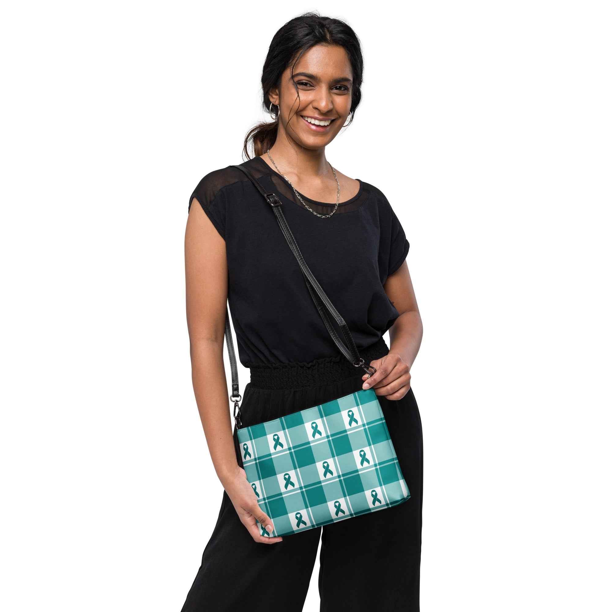 Crossbody Bag Cervical Cancer Awareness Plaid, Teal Ribbon, Supportive Gift - Scottish Squares