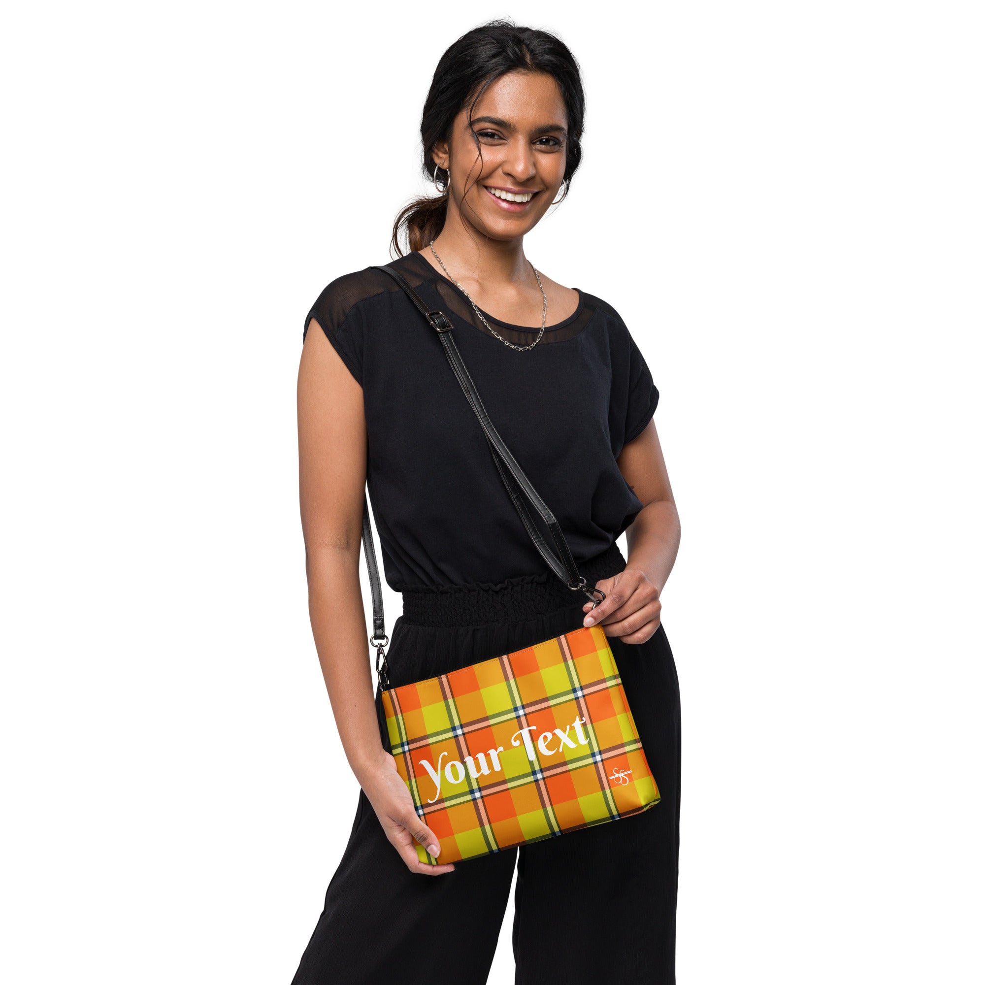 Personalized Blaze Orange and Bird Flower Crossbody Bag - Scottish Squares