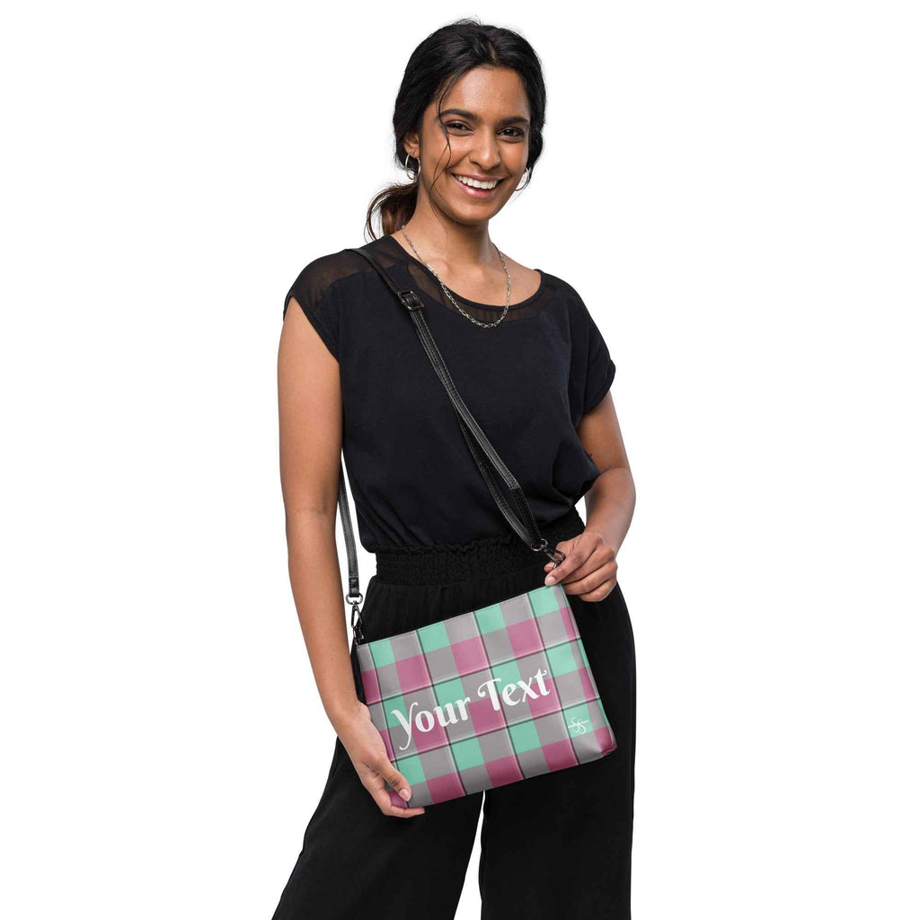 Personalized Crossbody Bag Vista Blue and Turkish Rose Plaid - Scottish Squares