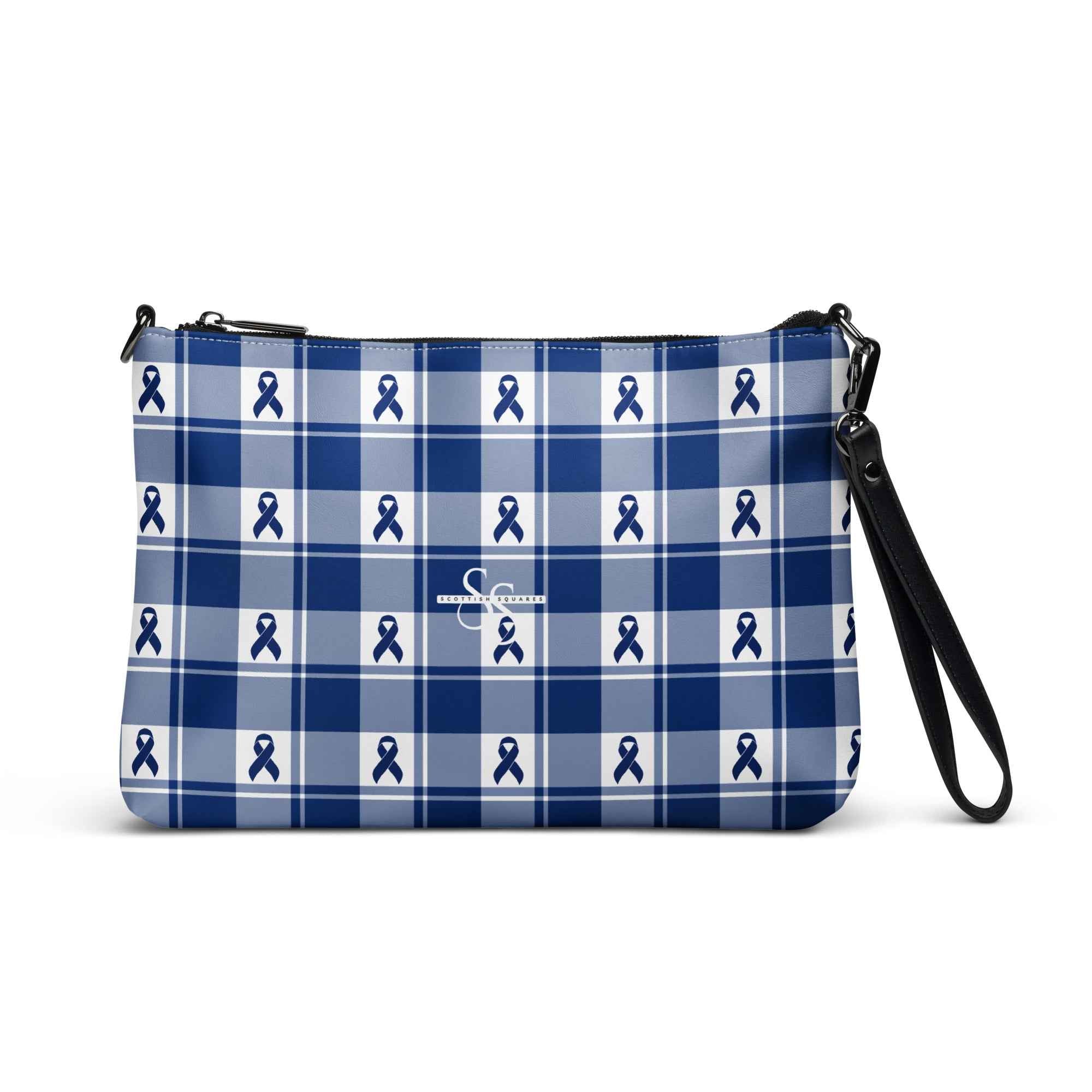 Crossbody Bag Colorectal Cancer Awareness Plaid, Dark Blue Ribbon, Supportive Gift - Scottish Squares