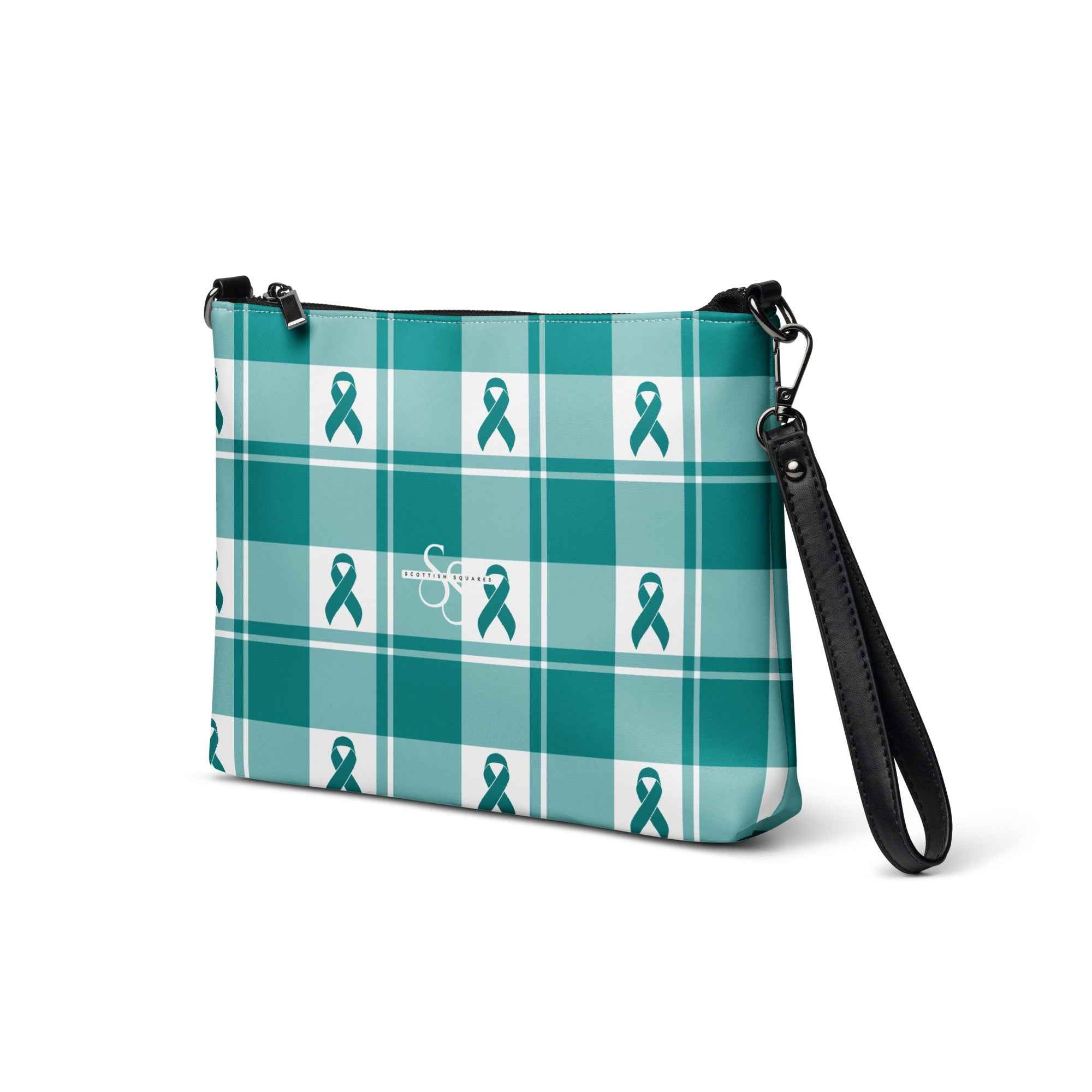 Crossbody Bag Cervical Cancer Awareness Plaid, Teal Ribbon, Supportive Gift - Scottish Squares