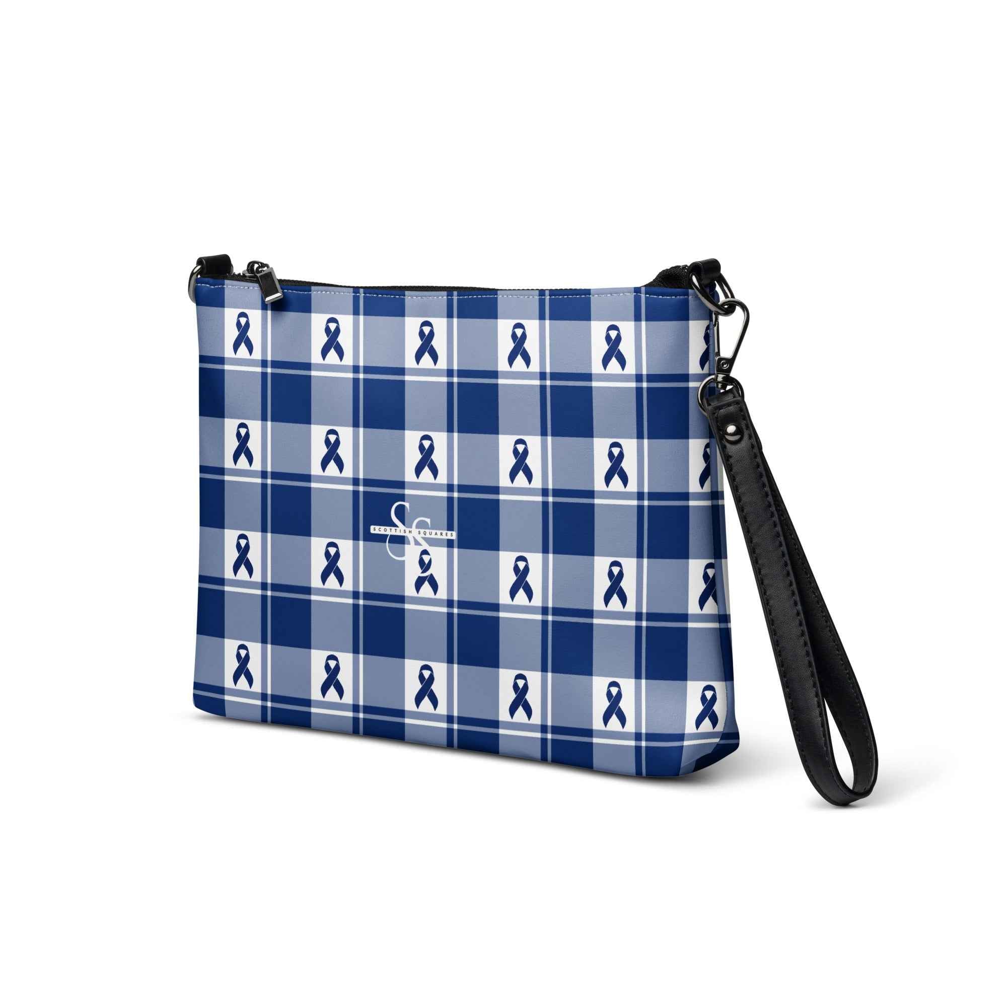 Crossbody Bag Colorectal Cancer Awareness Plaid, Dark Blue Ribbon, Supportive Gift - Scottish Squares