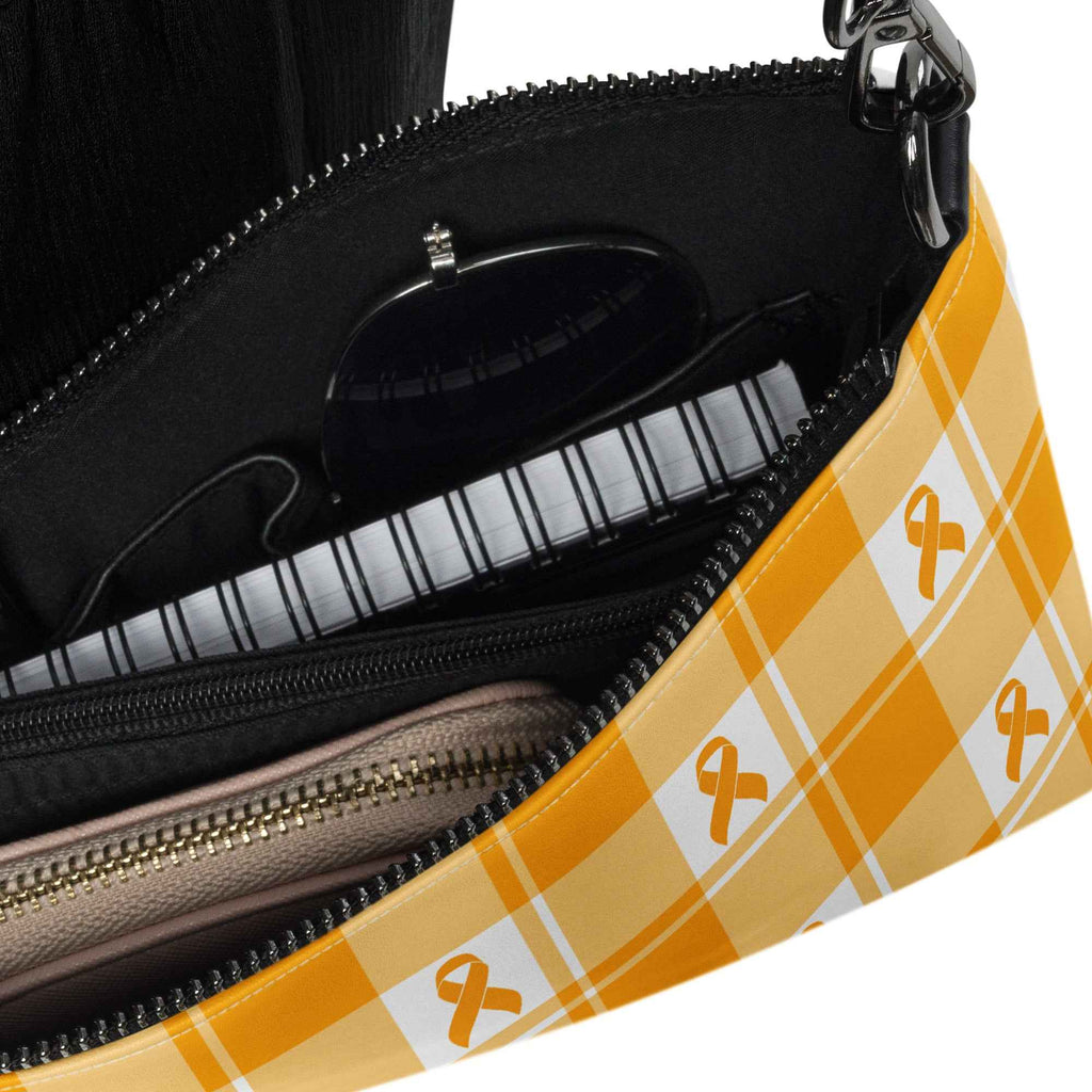 Crossbody Bag Kidney Cancer Awareness Plaid, Orange Ribbon, Supportive Gift - Scottish Squares