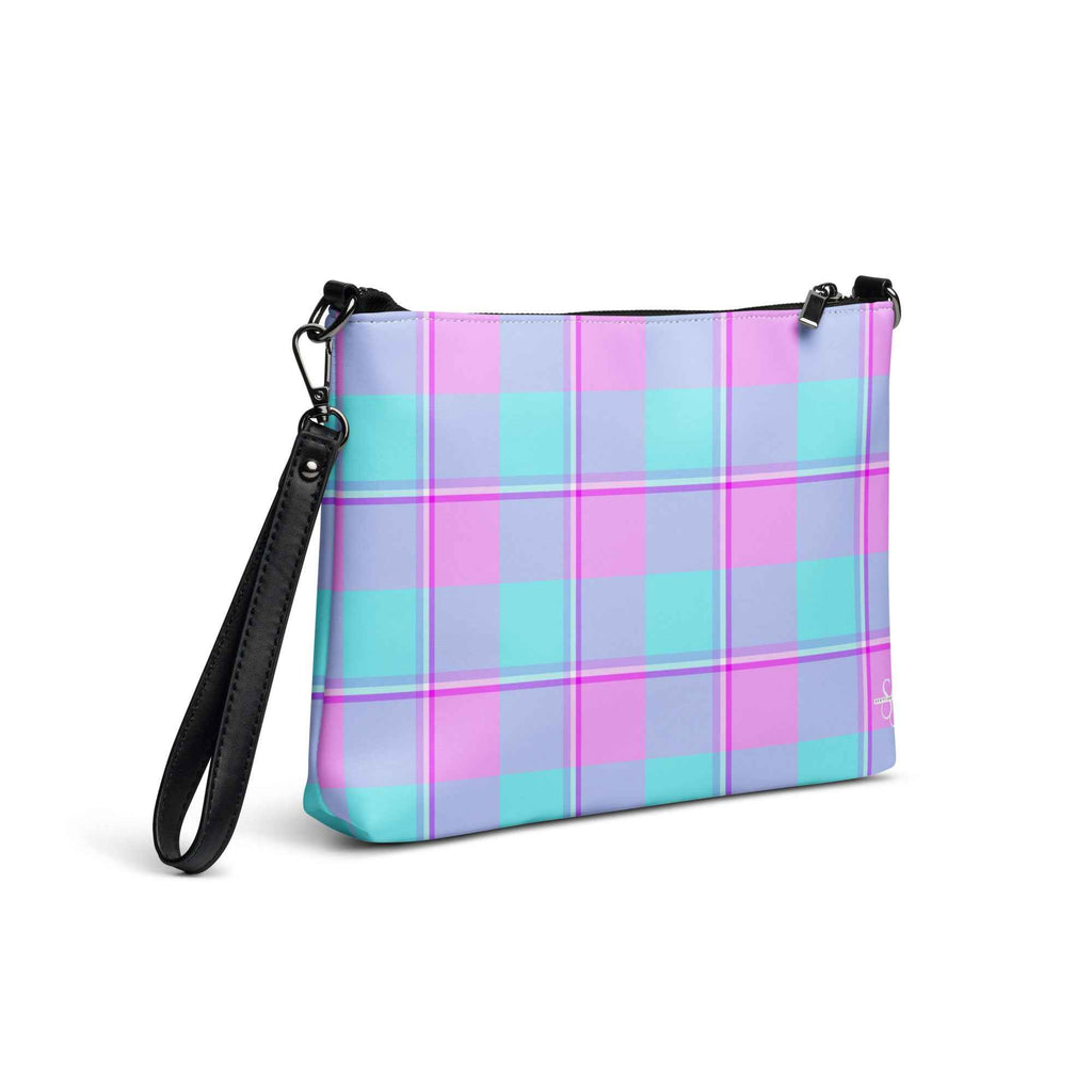 Personalized Crossbody Bag Mauve and Coastal Mist Plaid - Scottish Squares