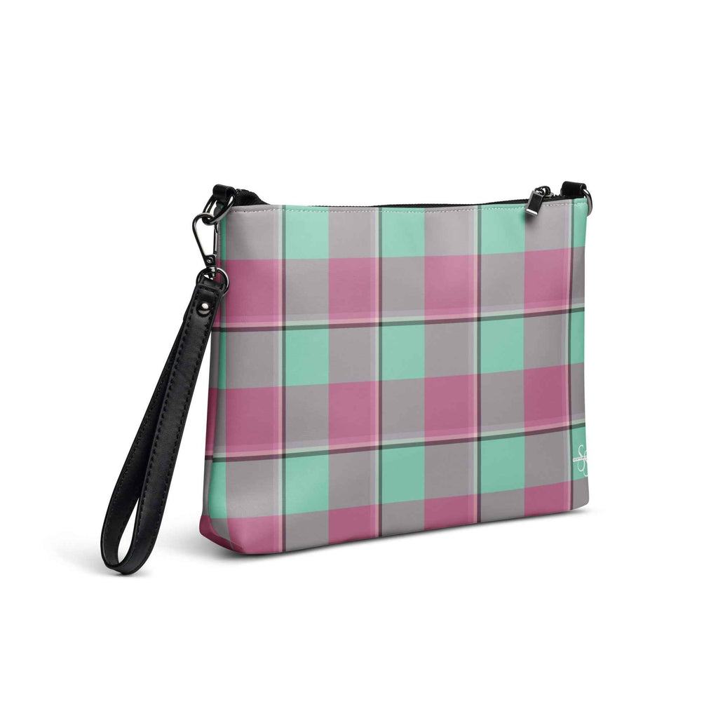 Personalized Crossbody Bag Vista Blue and Turkish Rose Plaid - Scottish Squares