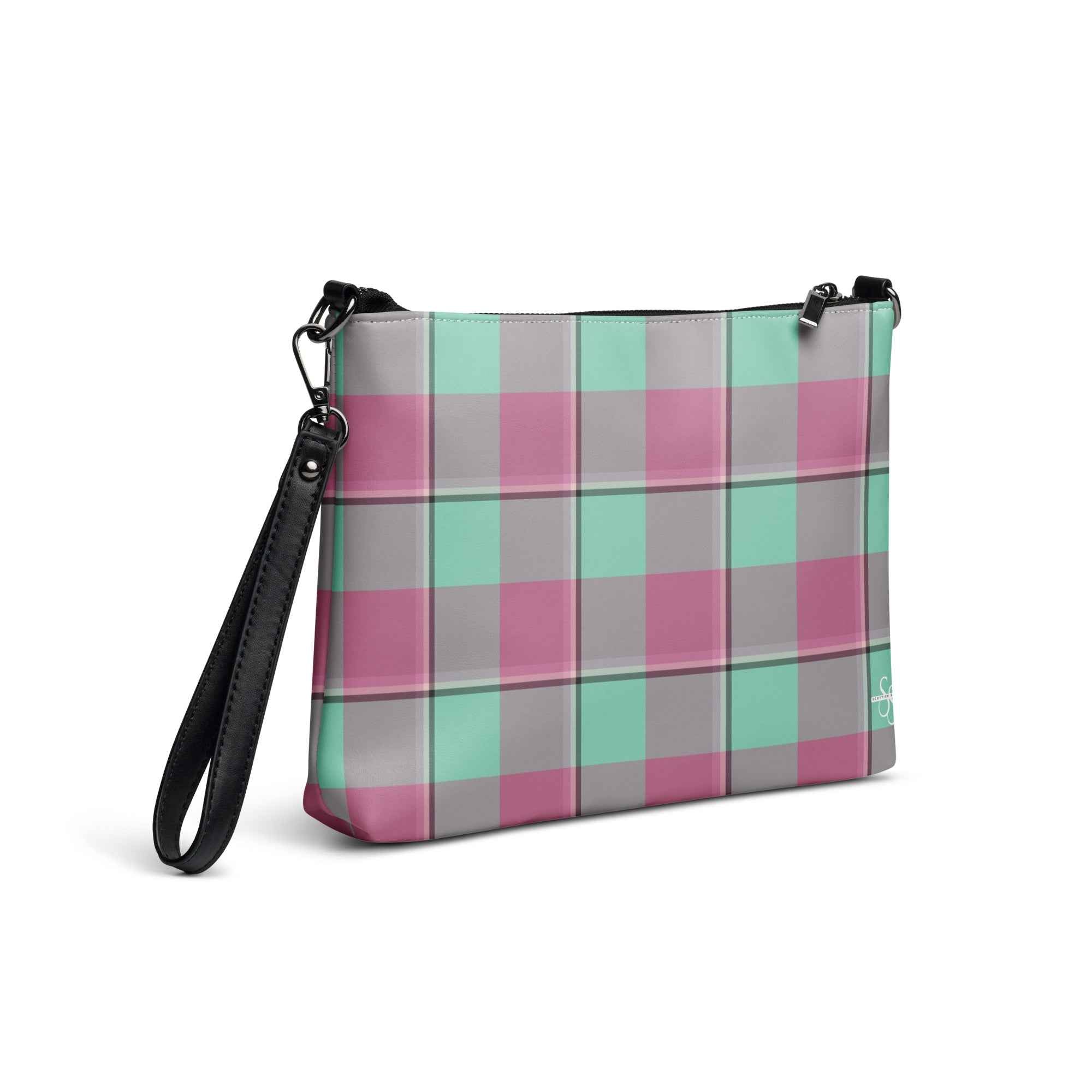 Personalized Crossbody Bag Vista Blue and Turkish Rose Plaid - Scottish Squares