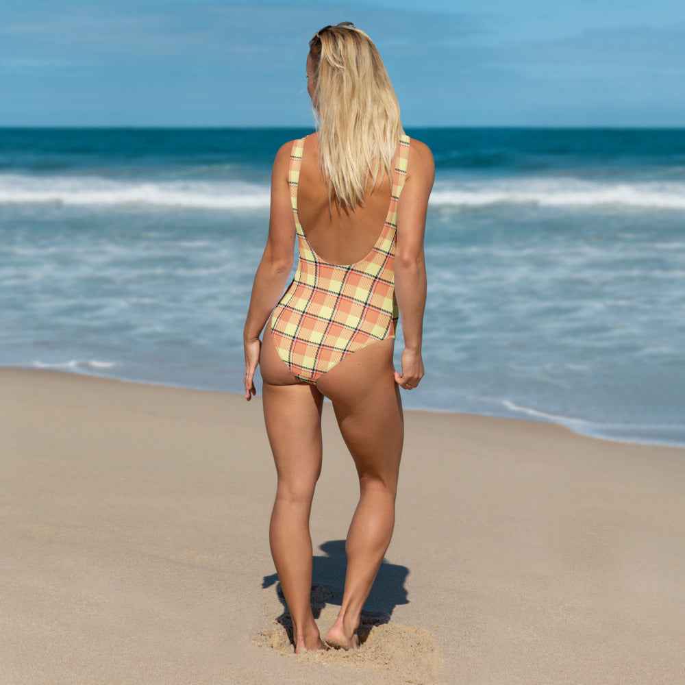 Claystone and Morning Mist Plaid One-Piece Swimsuit – Stylish Swimwear for Women - Scottish Squares