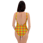 Blaze Orange and Bird Flower Plaid One-Piece Swimsuit – Stylish Swimwear for Women - Scottish Squares
