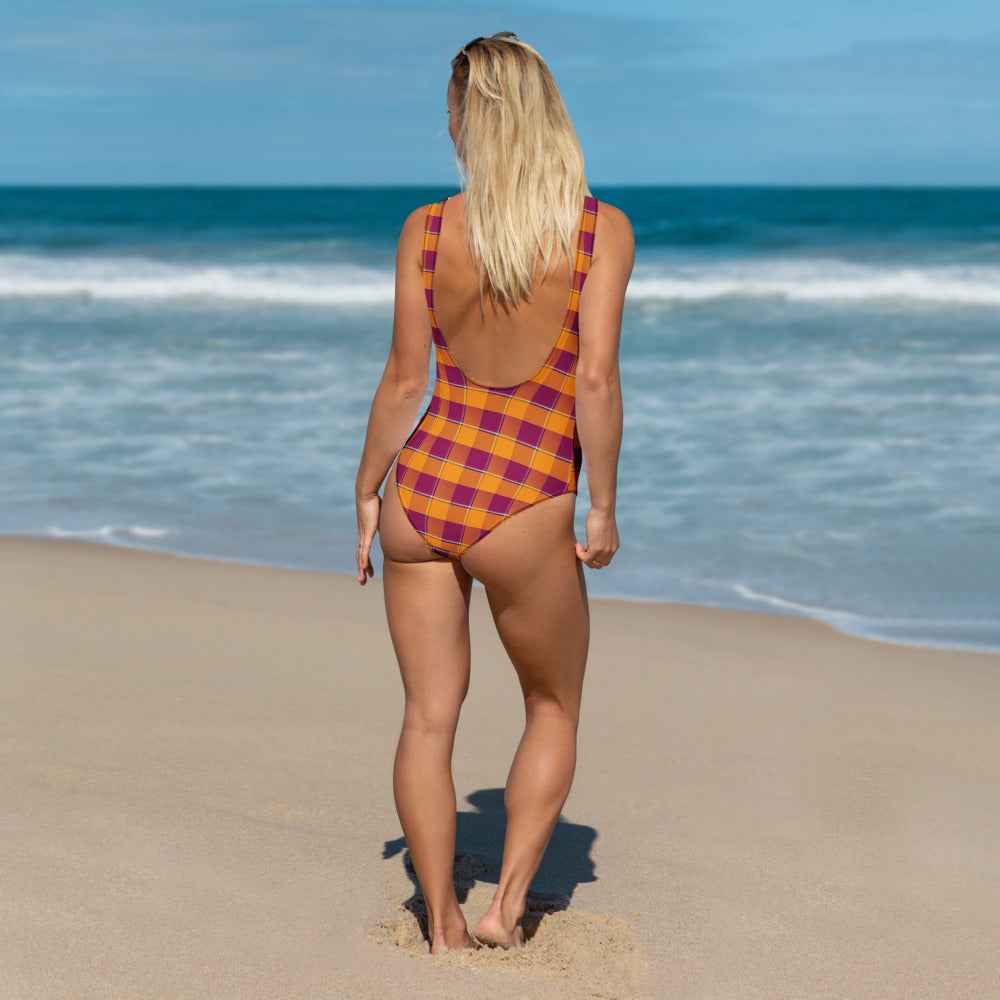 One-Piece Swimsuit Tahiti Gold and Rose Bud Cherry Plaid - Scottish Squares