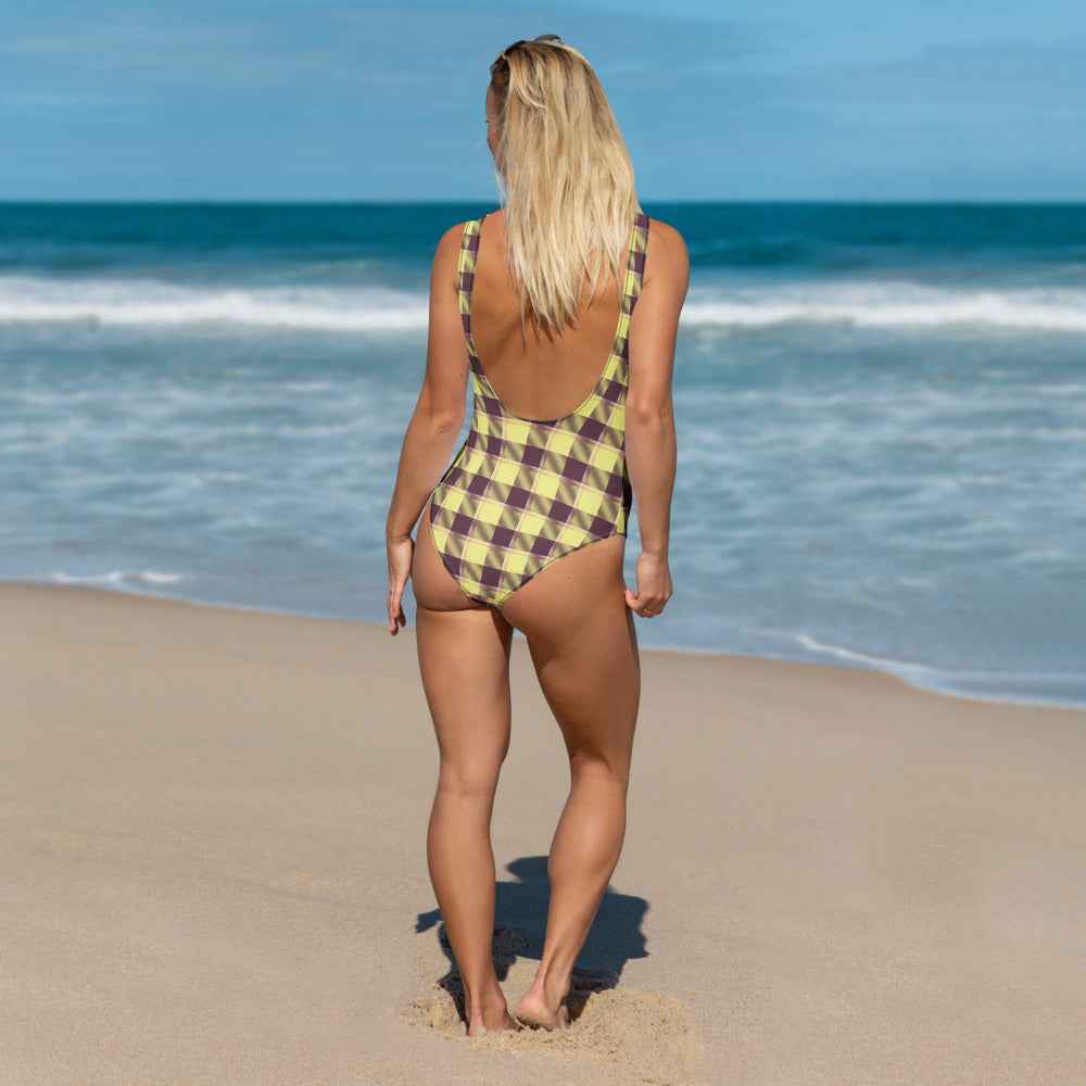 One-Piece Swimsuit Flax and Livid Brown Plaid - Scottish Squares