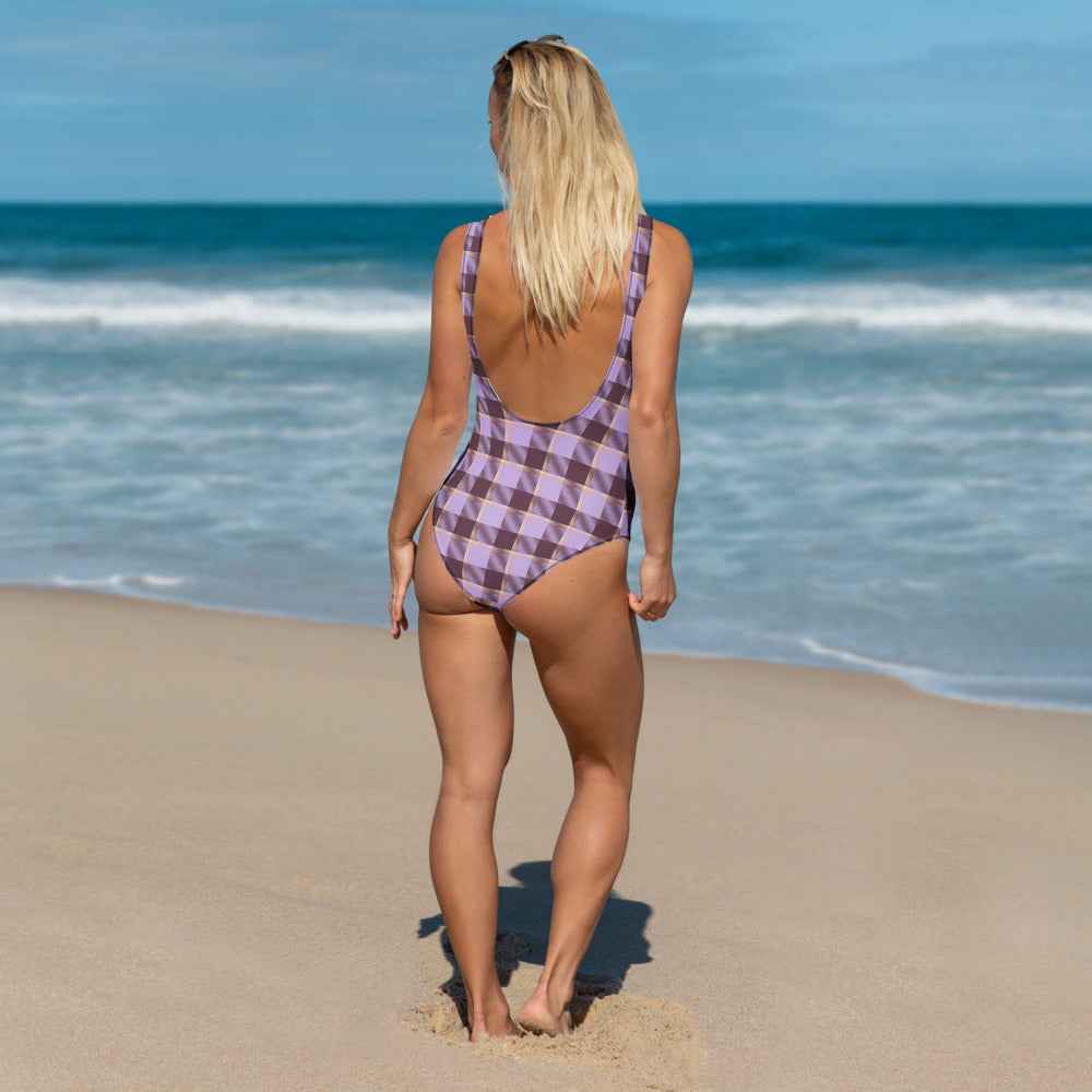 One-Piece Swimsuit Light Wisteria and Livid Brown Plaid - Scottish Squares