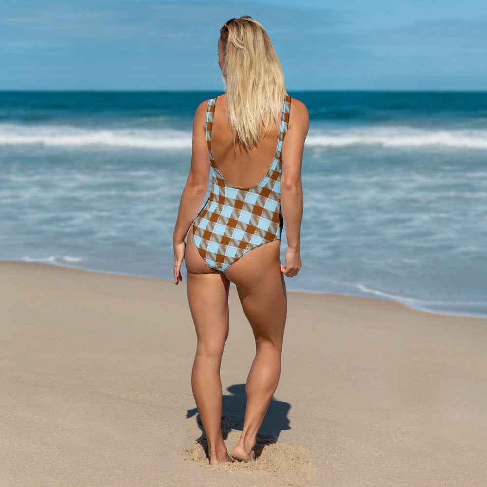 One-Piece Swimsuit Blizzard Blue and Livid Brown Plaid - Scottish Squares