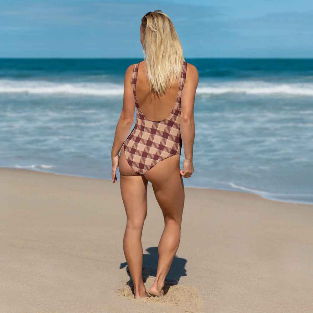 One-Piece Swimsuit Whiskey and Livid Brown Plaid - Scottish Squares