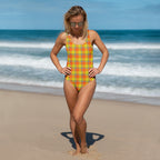 Blaze Orange and Bird Flower Plaid One-Piece Swimsuit – Stylish Swimwear for Women - Scottish Squares
