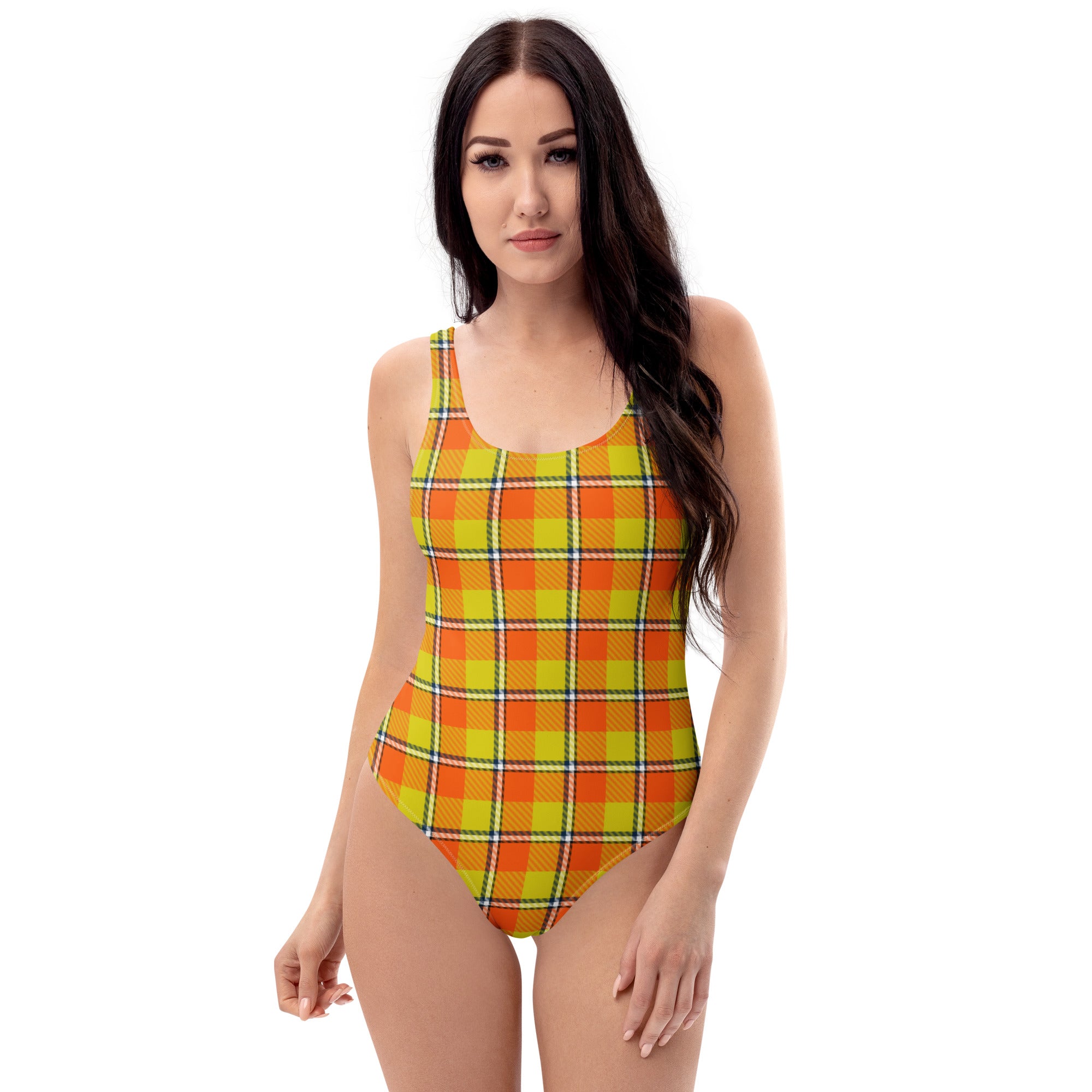 Blaze Orange and Bird Flower Plaid One-Piece Swimsuit – Stylish Swimwear for Women - Scottish Squares