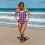 Purple and Trendy Pink Plaid One-Piece Swimsuit – Stylish Swimwear for Women - Scottish Squares