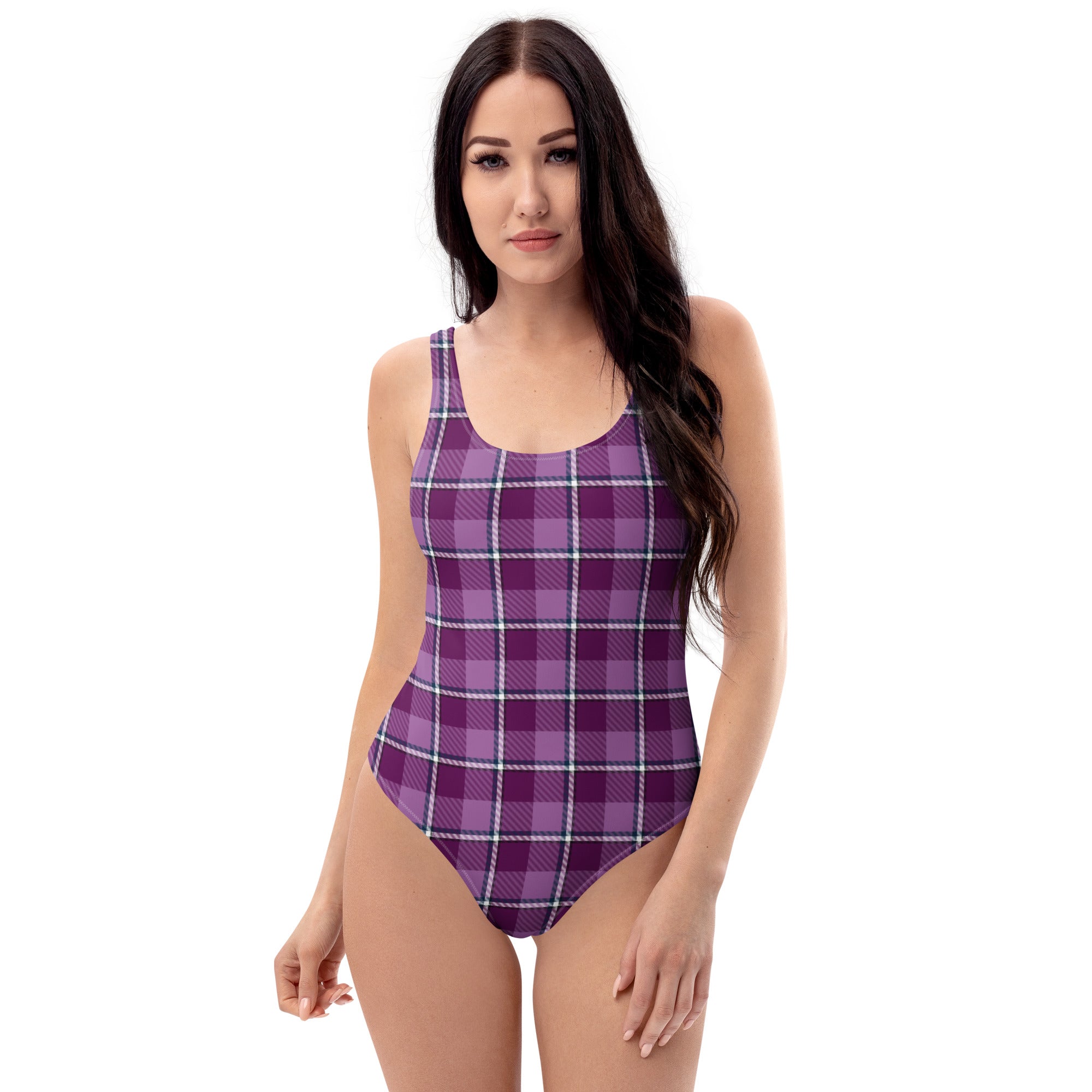 Purple and Trendy Pink Plaid One-Piece Swimsuit – Stylish Swimwear for Women - Scottish Squares