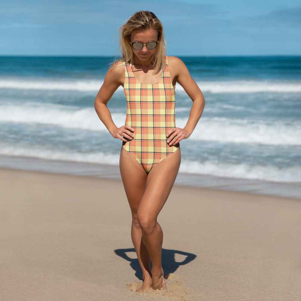Claystone and Morning Mist Plaid One-Piece Swimsuit – Stylish Swimwear for Women - Scottish Squares