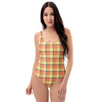 Claystone and Morning Mist Plaid One-Piece Swimsuit – Stylish Swimwear for Women - Scottish Squares
