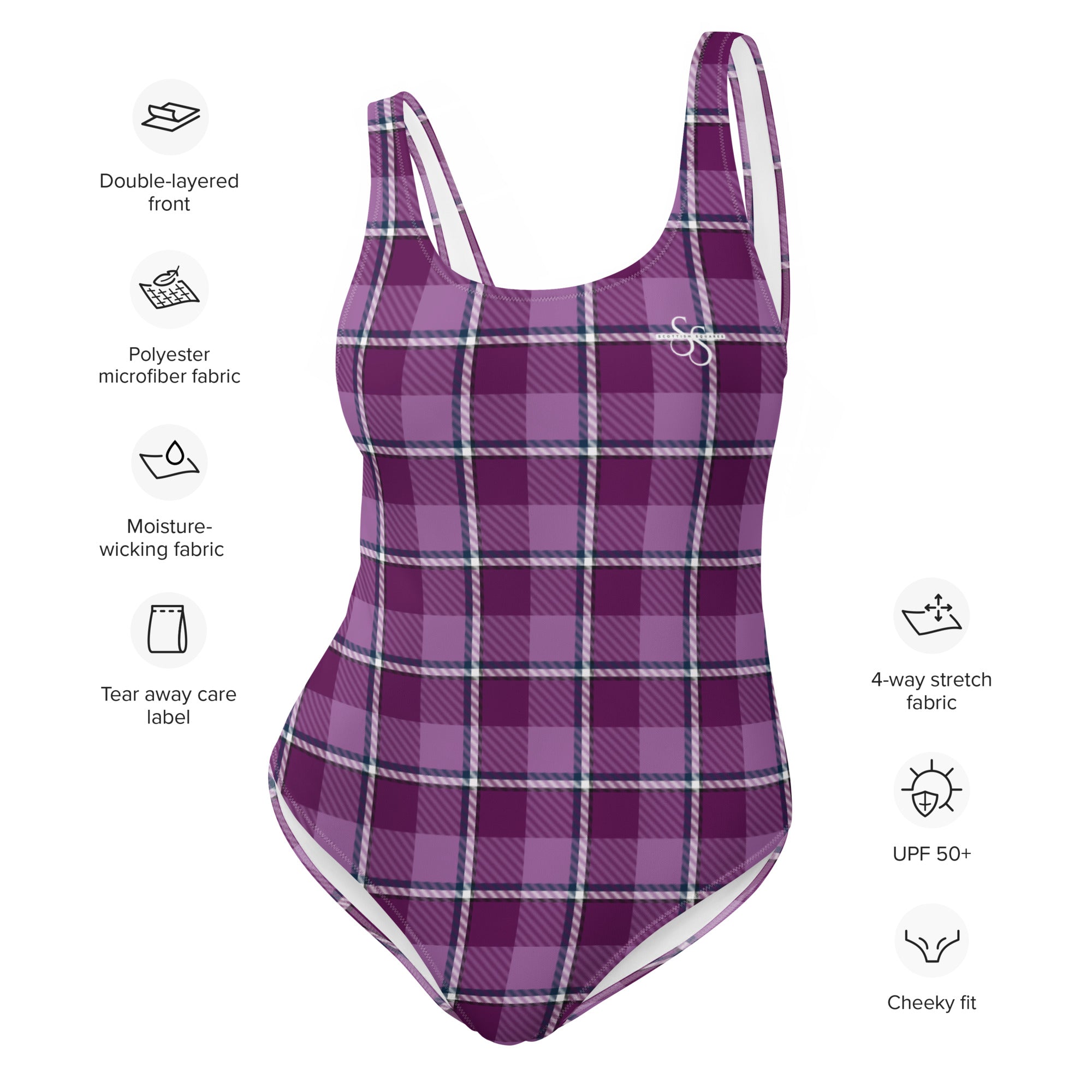 Purple and Trendy Pink Plaid One-Piece Swimsuit – Stylish Swimwear for Women - Scottish Squares