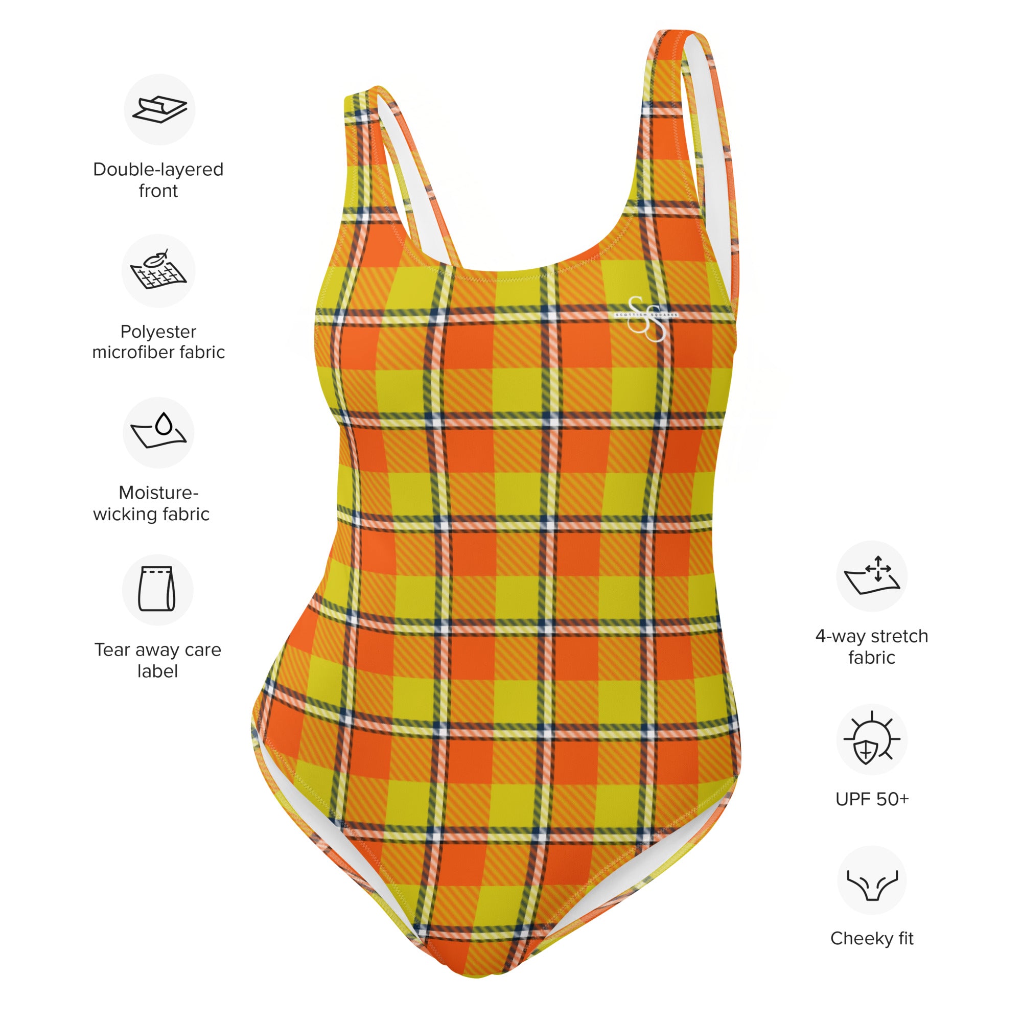 Blaze Orange and Bird Flower Plaid One-Piece Swimsuit – Stylish Swimwear for Women - Scottish Squares