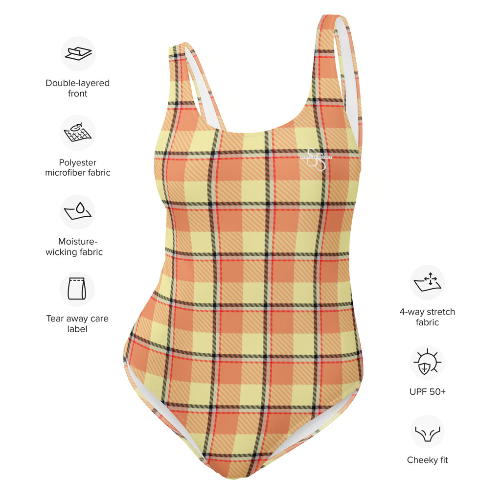 Claystone and Morning Mist Plaid One-Piece Swimsuit – Stylish Swimwear for Women - Scottish Squares