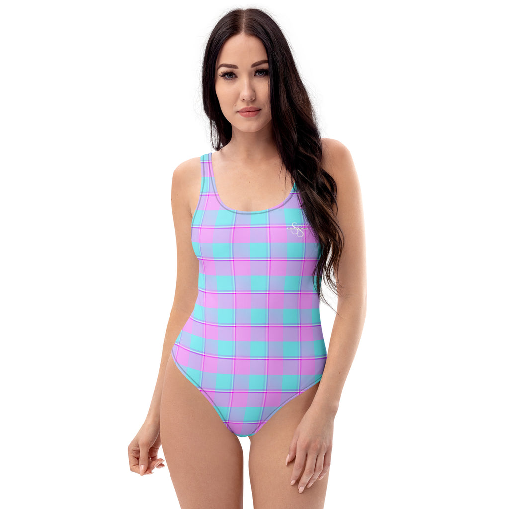 One-Piece Swimsuit Mauve and Coastal Mist Plaid - Scottish Squares