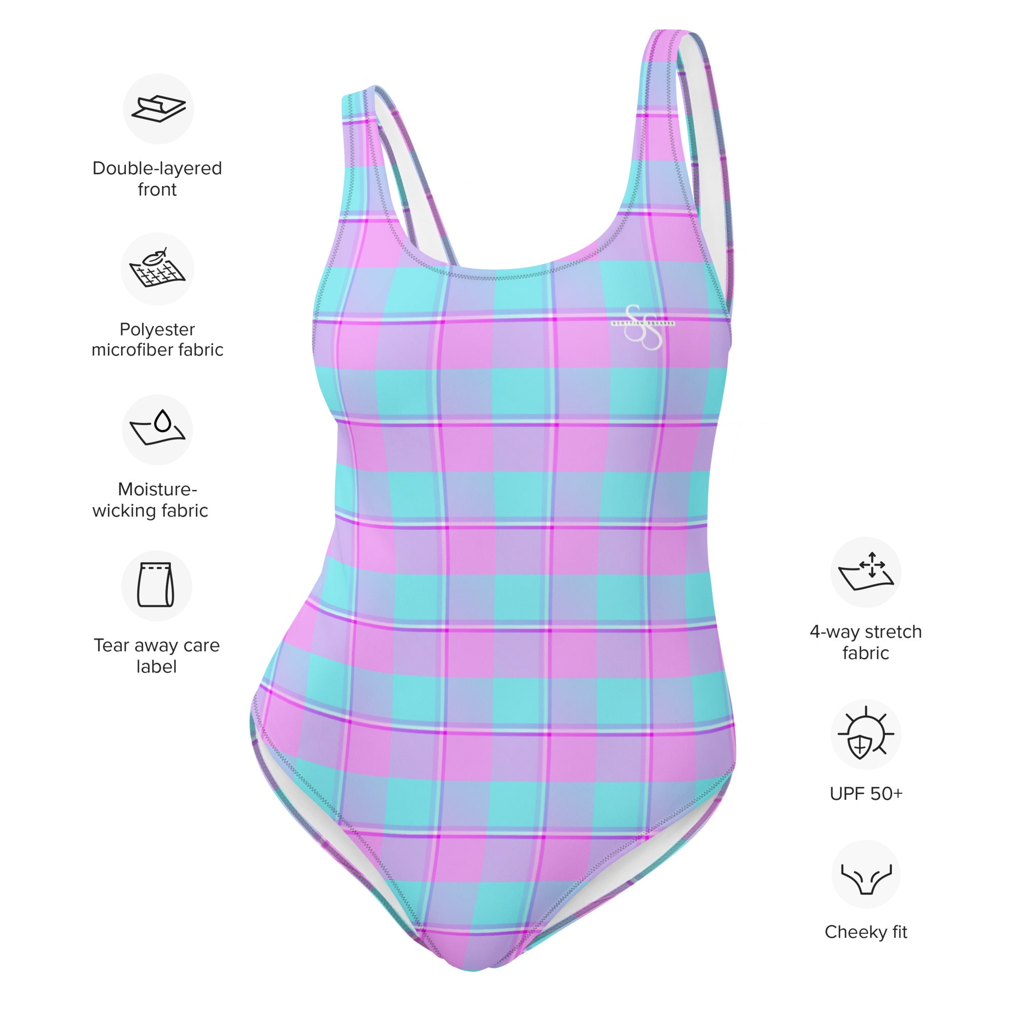 One-Piece Swimsuit Mauve and Coastal Mist Plaid - Scottish Squares